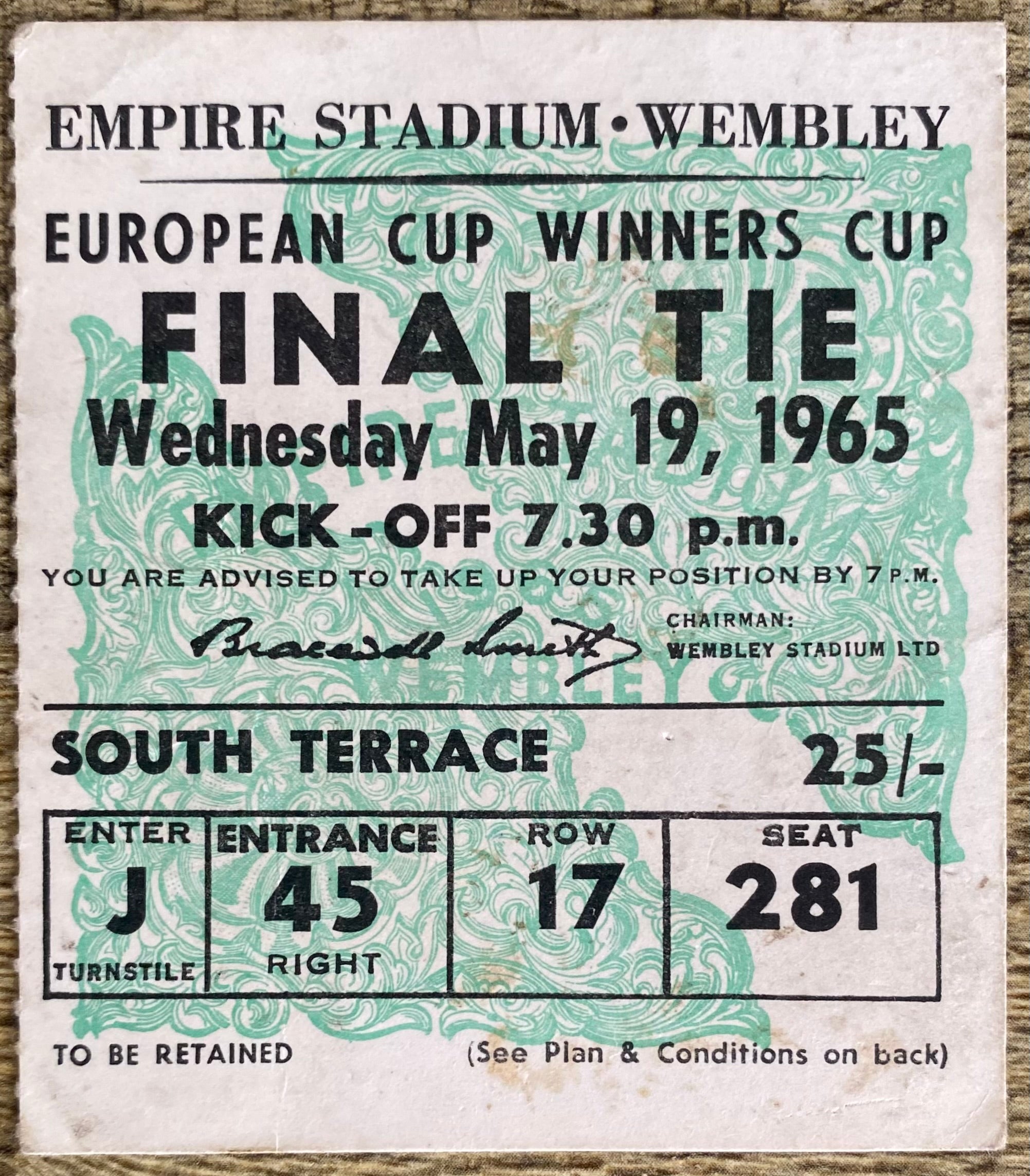 1965 ORIGINAL EUROPEAN CUP WINNERS CUP FINAL TICKET WEST HAM UNITED V TSV MUNICH 1860