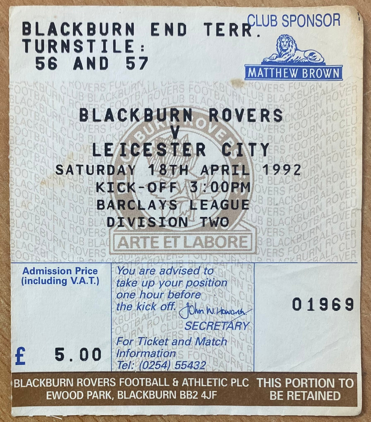 1991/92 ORIGINAL DIVISION 2 TICKET BLACKBURN ROVERS V LEICESTER CITY
