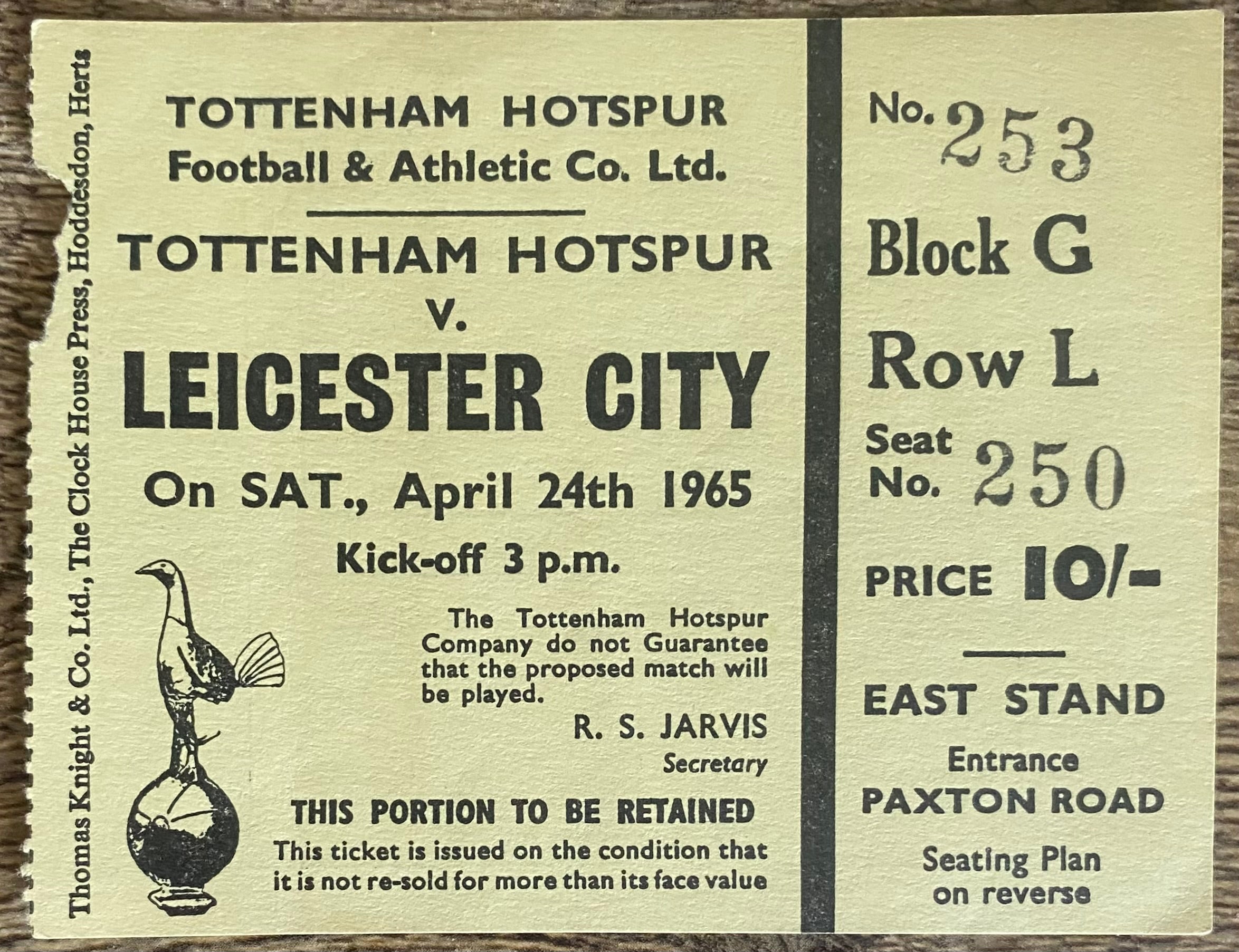 1964/65 ORIGINAL DIVISION ONE TICKET TOTTENHAM HOTSPUR V LEICESTER CITY