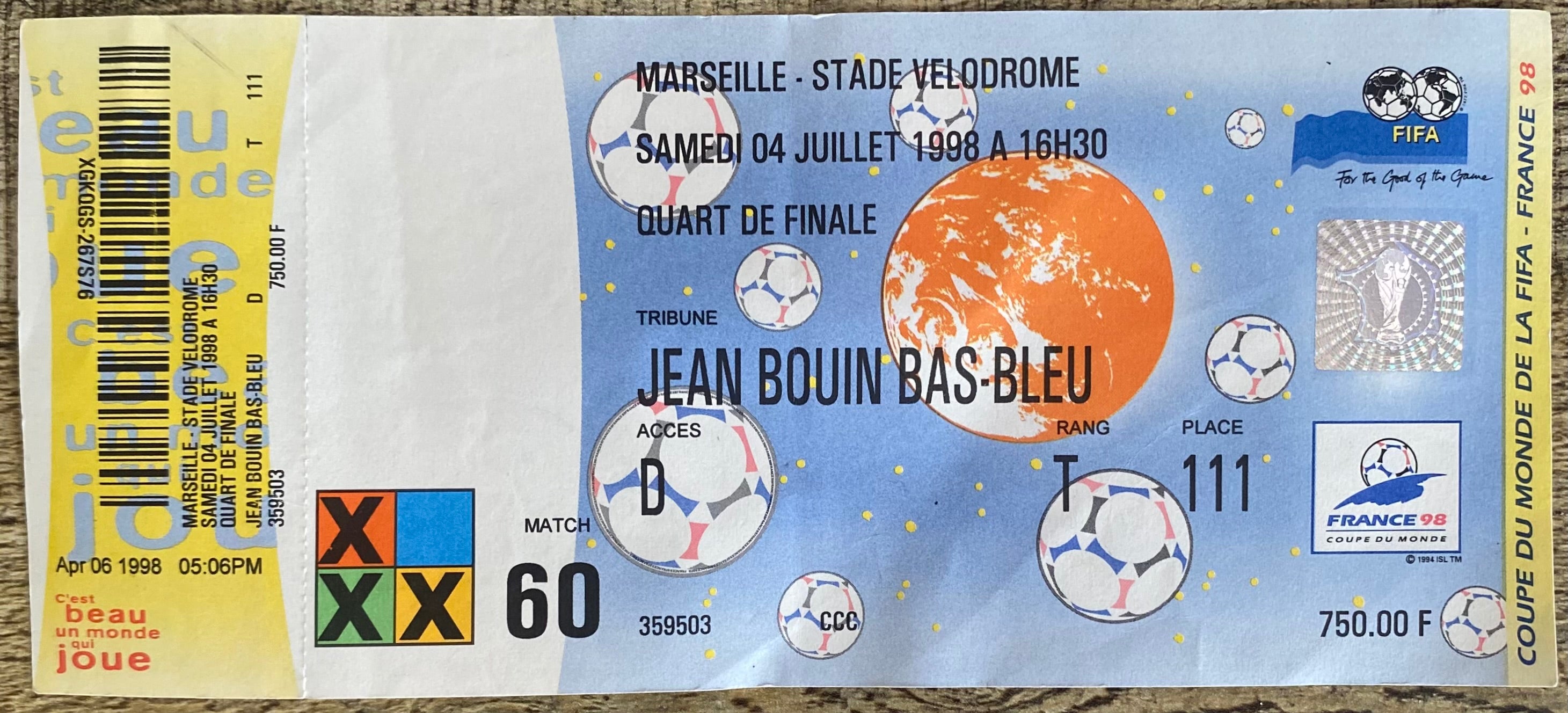 1998 ORIGINAL WORLD CUP QUARTER FINAL UNUSED TICKET ARGENTINA V NETHERLANDS @ MARSEILLE