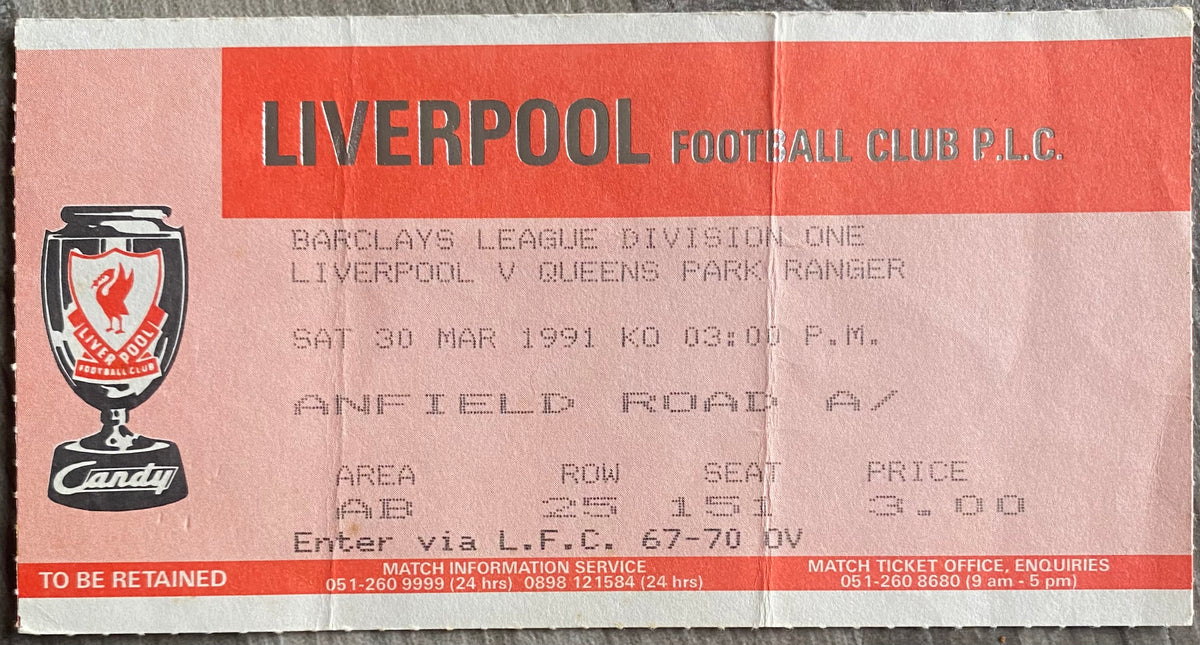 1990/91 ORIGINAL DIVISION 1 TICKET LIVERPOOL V QUEENS PARK RANGERS