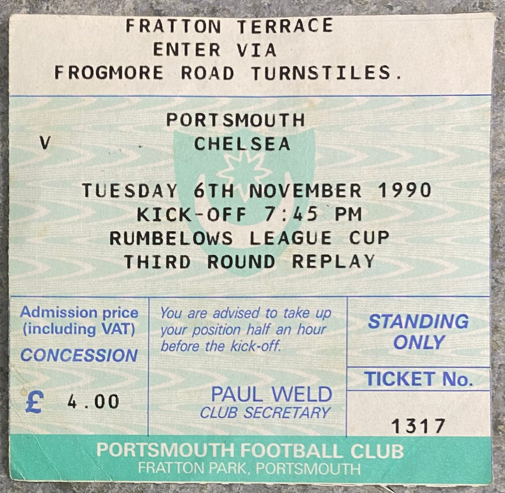 1990/91 ORIGINAL RUMBELOWS CUP 3RD ROUND REPLAY TICKET PORTSMOUTH V CHELSEA