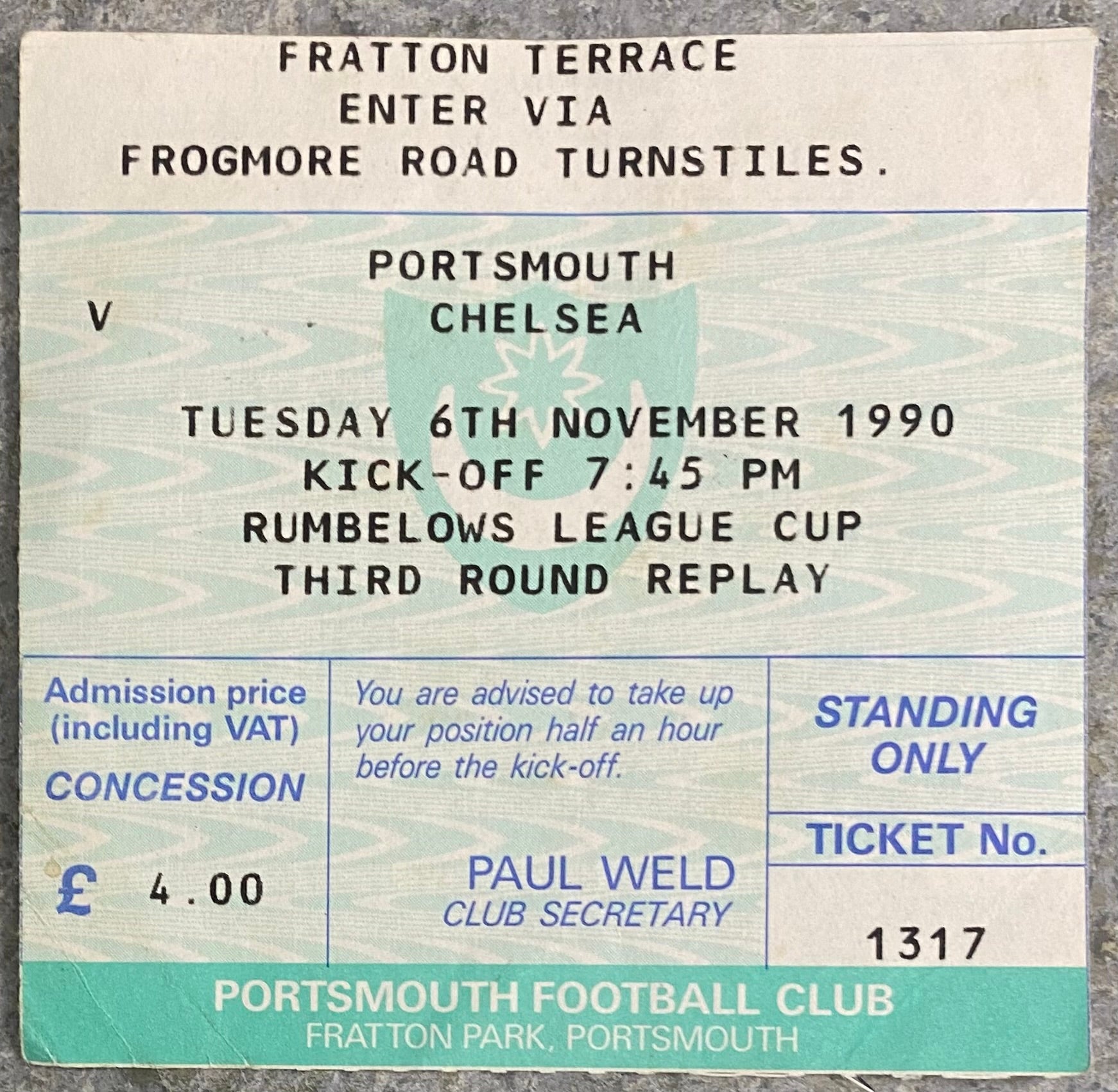 1990/91 ORIGINAL RUMBELOWS CUP 3RD ROUND REPLAY TICKET PORTSMOUTH V CHELSEA