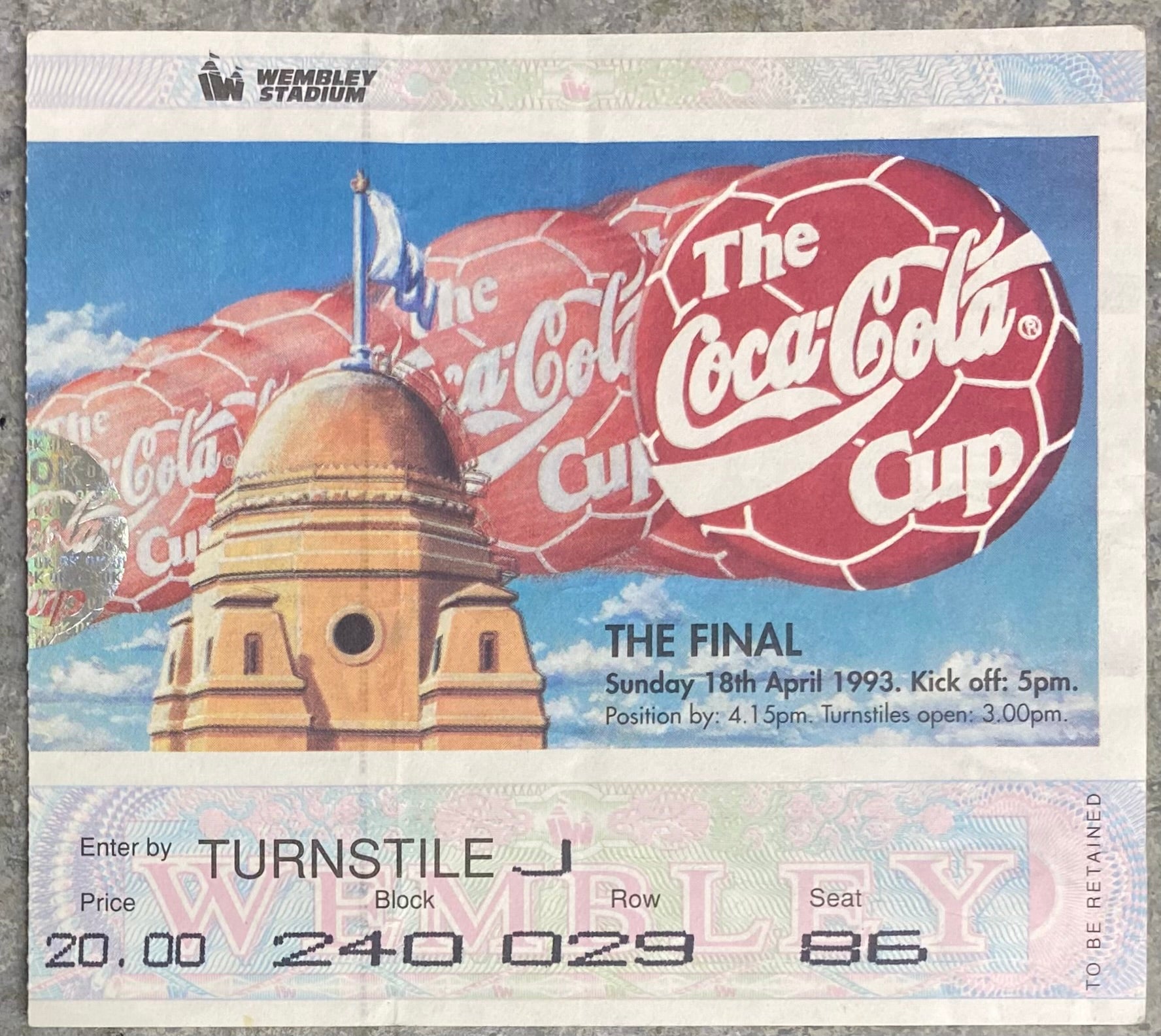 1993 ORIGINAL COCA COLA CUP FINAL TICKET ARSENAL V SHEFFIELD WEDNESDAY