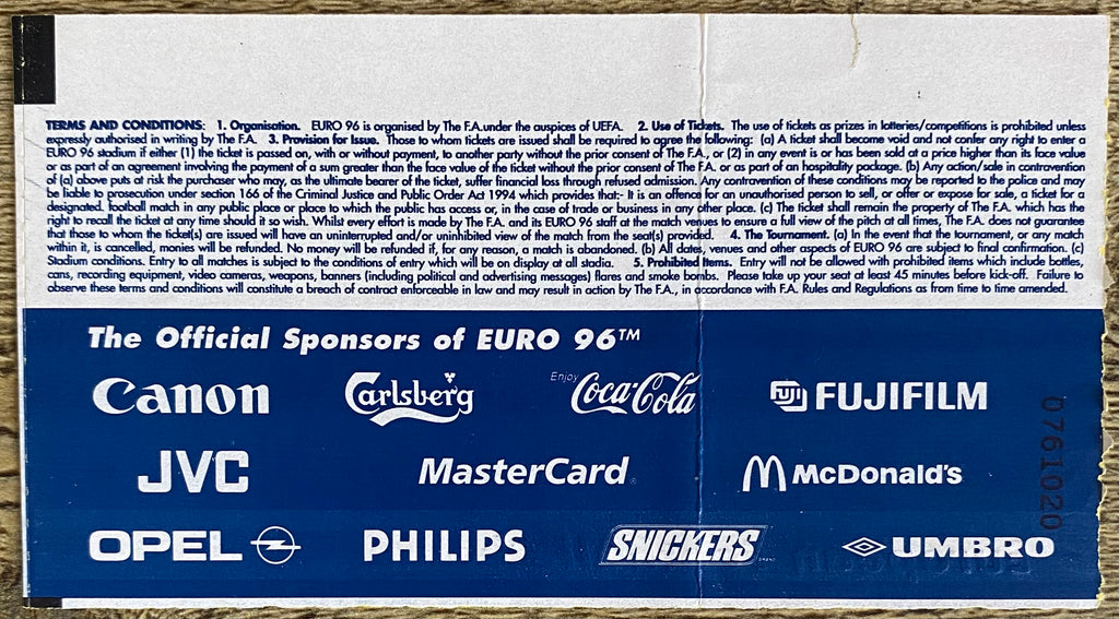 1996 ORIGINAL EUROPEAN CHAMPIONSHIPS EURO 96 TICKET ENGLAND V SCOTLAND @ WEMBLEY