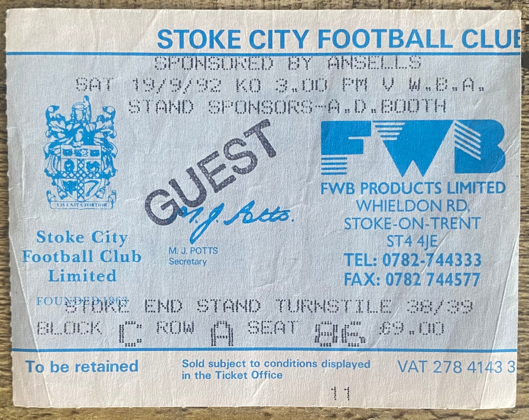 1992/93 ORIGINAL DIVISION 2 TICKET STOKE CITY V WEST BROMWICH ALBION