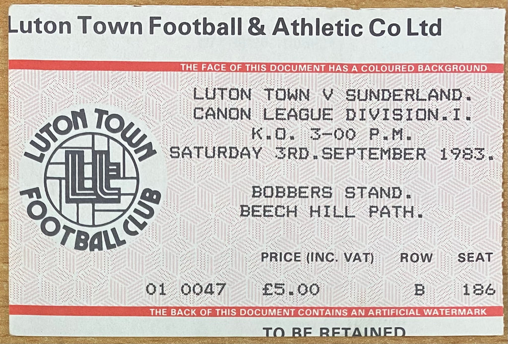 1983/84 ORIGINAL DIVISION 1 TICKET LUTON TOWN V SUNDERLAND
