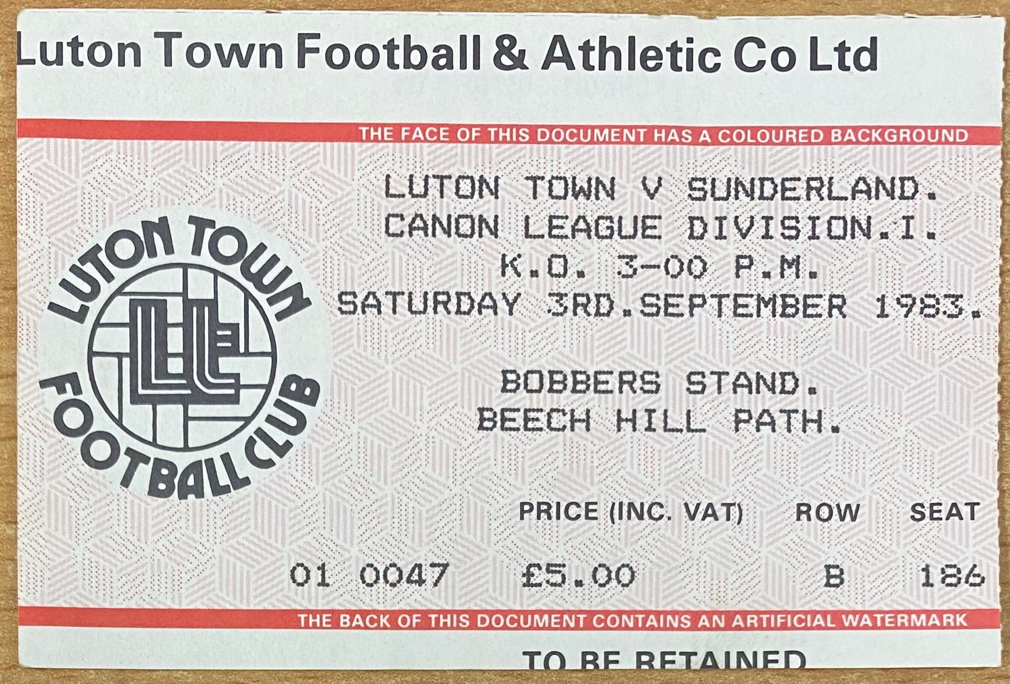 1983/84 ORIGINAL DIVISION 1 TICKET LUTON TOWN V SUNDERLAND