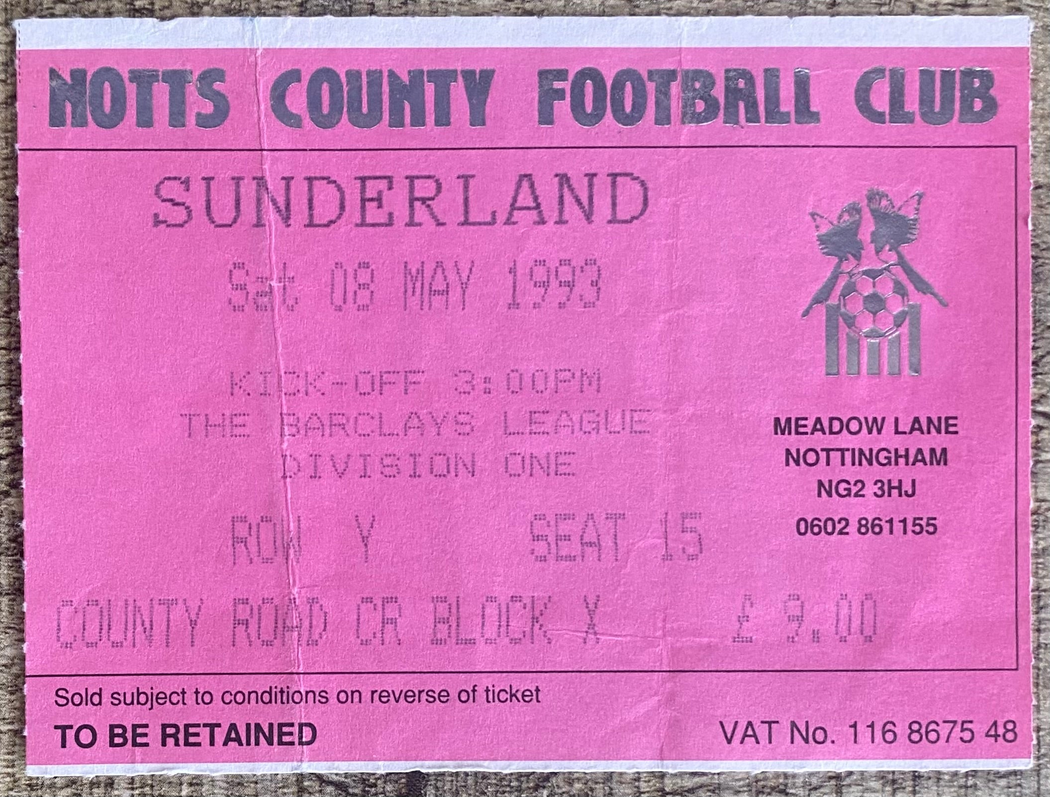 1992/93 ORIGINAL DIVISION 1 TICKET NOTTS COUNTY V SUNDERLAND