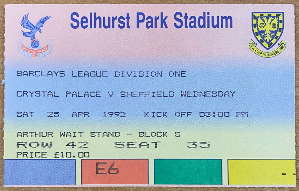 1991/92 ORIGINAL DIVISION 1 TICKET CRYSTAL PALACE V SHEFFIELD WEDNESDAY