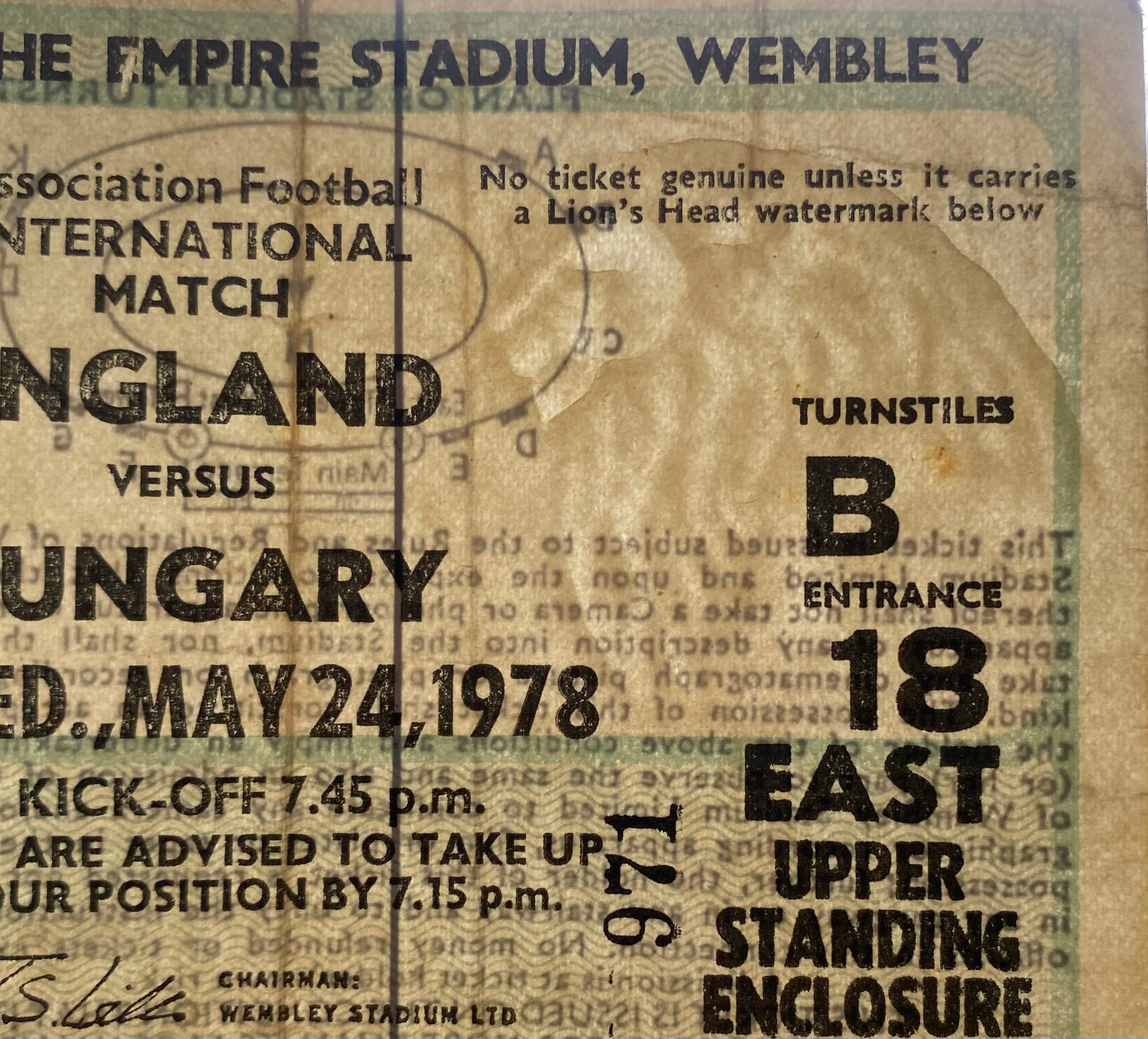 1978 ORIGINAL INTERNATIONAL TICKET ENGLAND V HUNGARY