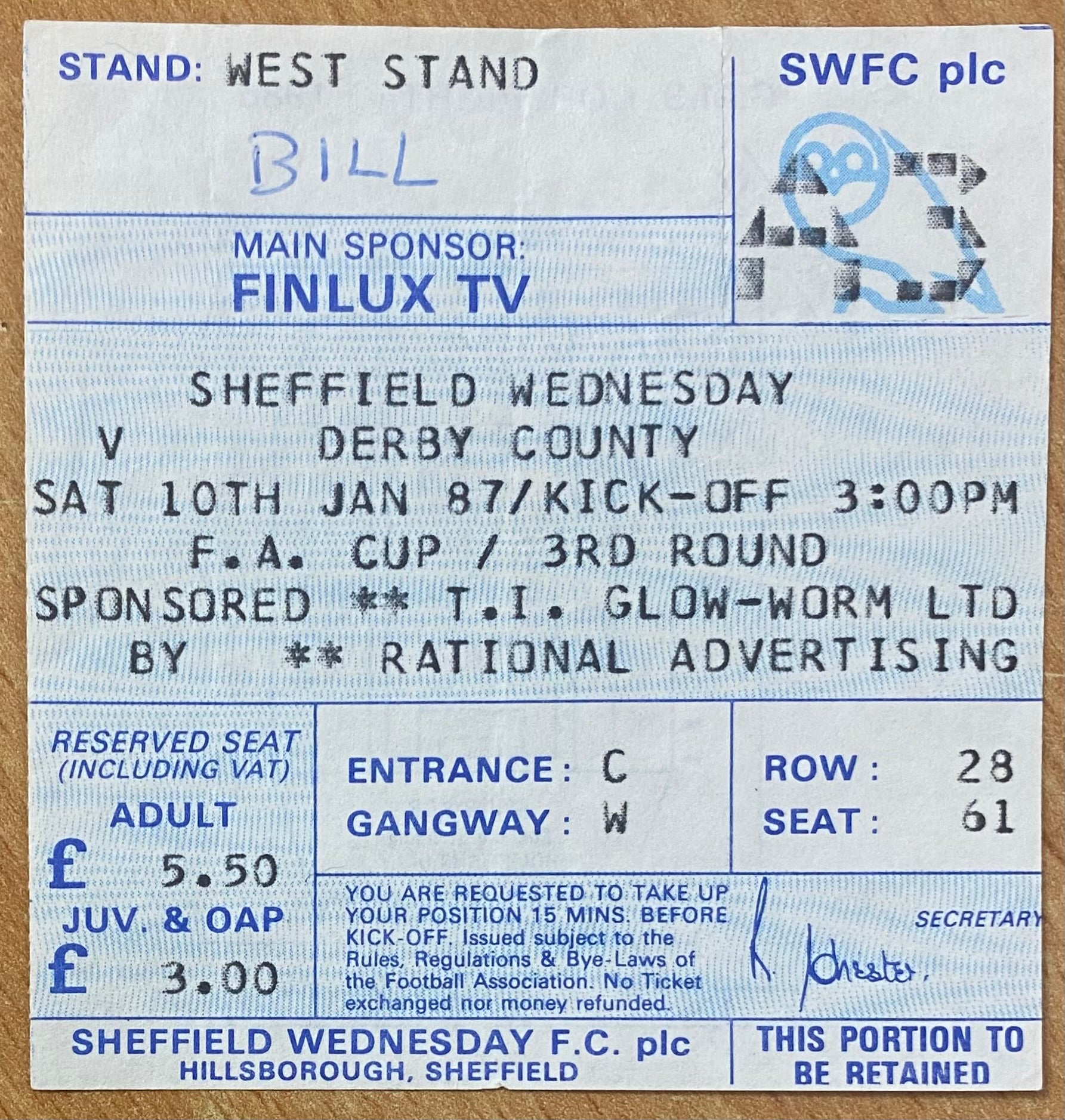1986/87 ORIGINAL FA CUP 3RD ROUND TICKET SHEFFIELD WEDNESDAY V DERBY COUNTY