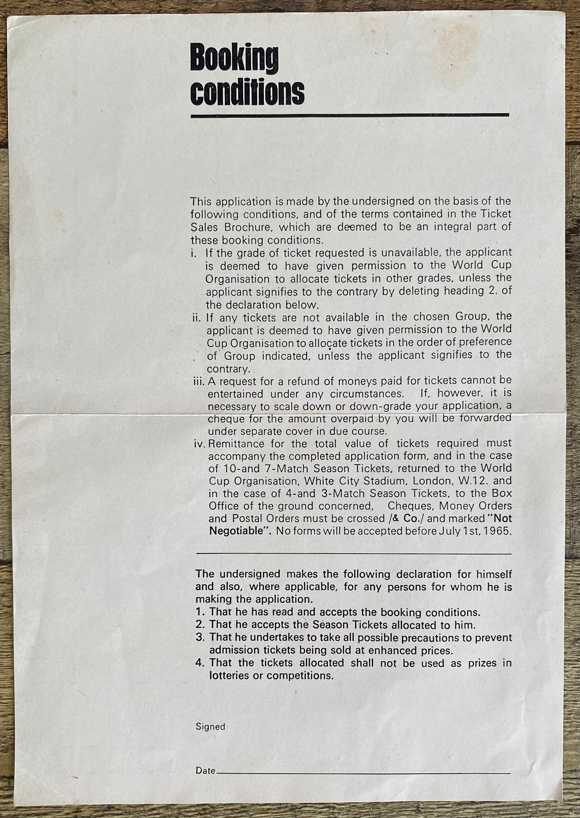 1966 WORLD CUP ORIGINAL OFFICIAL TICKET APPLICATION FORM