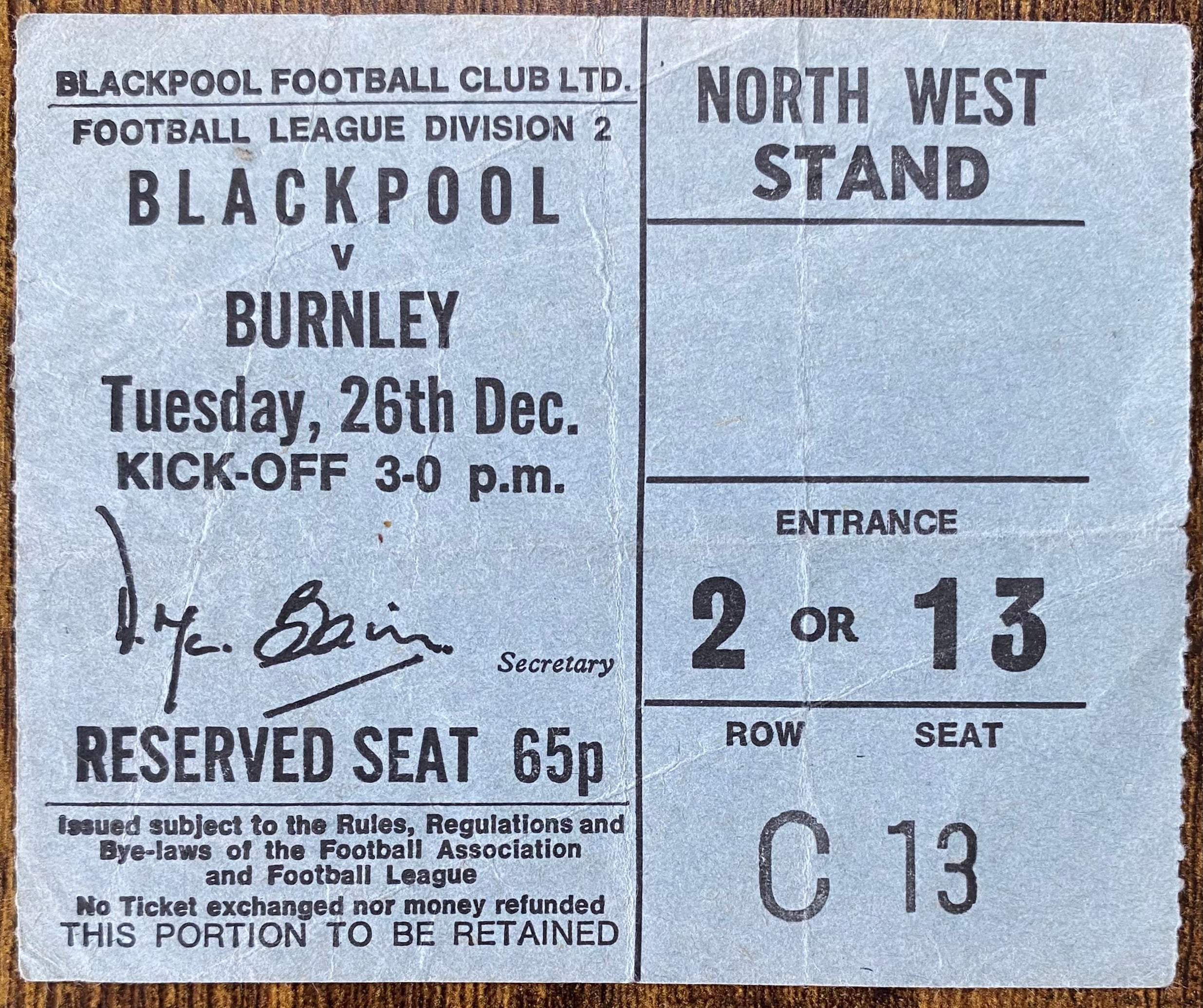 1972/73 ORIGINAL DIVISION 2 TICKET BLACKPOOL V BURNLEY