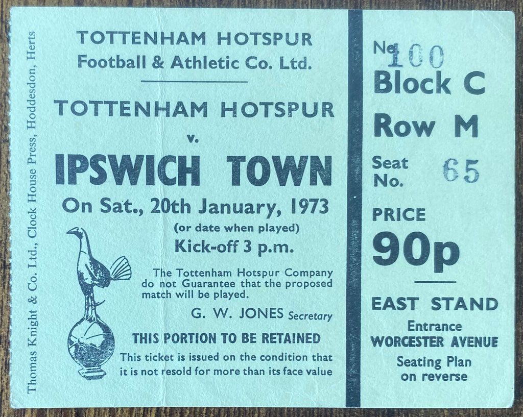 1972/73 ORIGINAL DIVISION ONE TICKET TOTTENHAM HOTSPUR V IPSWICH TOWN