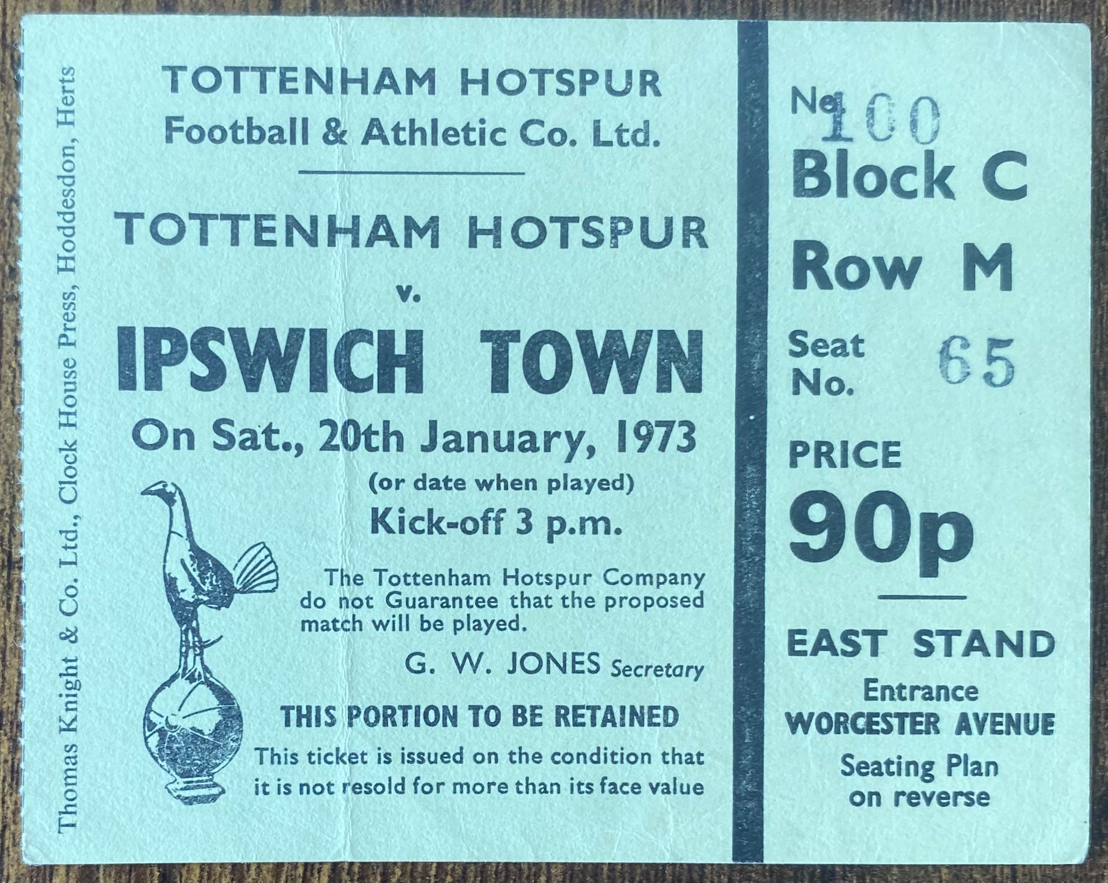1972/73 ORIGINAL DIVISION ONE TICKET TOTTENHAM HOTSPUR V IPSWICH TOWN