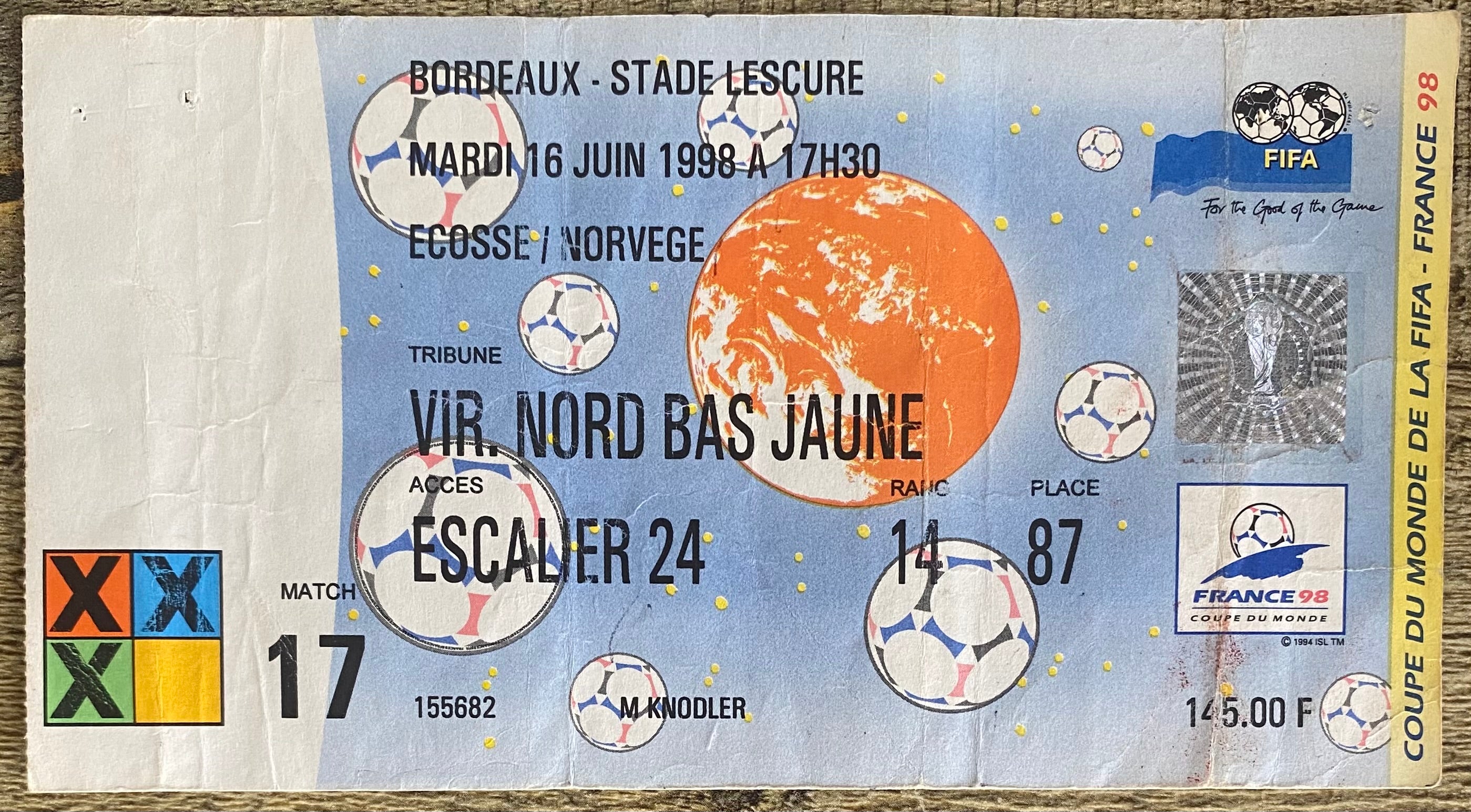 1998 ORIGINAL WORLD CUP 1ST ROUND TICKET SCOTLAND V NORWAY @ BORDEAUX