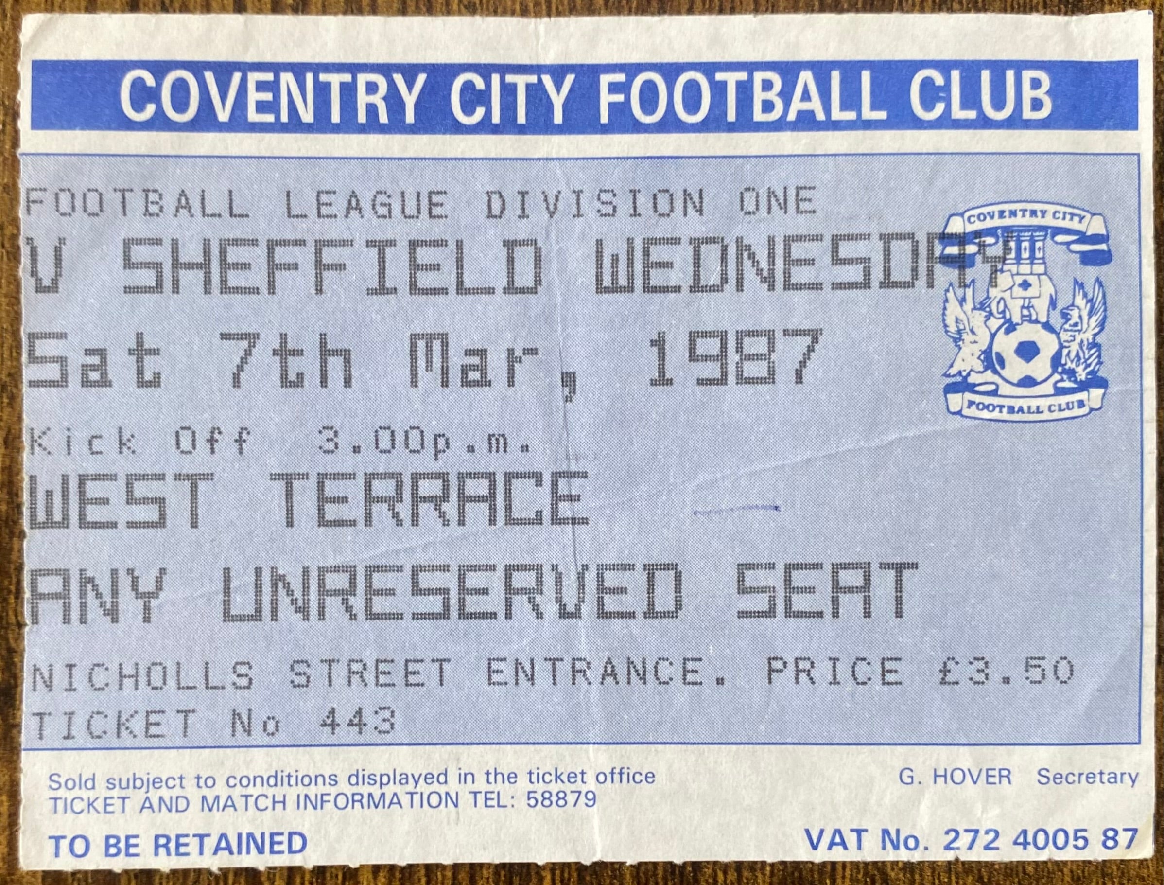 1986/87 ORIGINAL DIVISION 1 TICKET COVENTRY CITY V SHEFFIELD WEDNESDAY