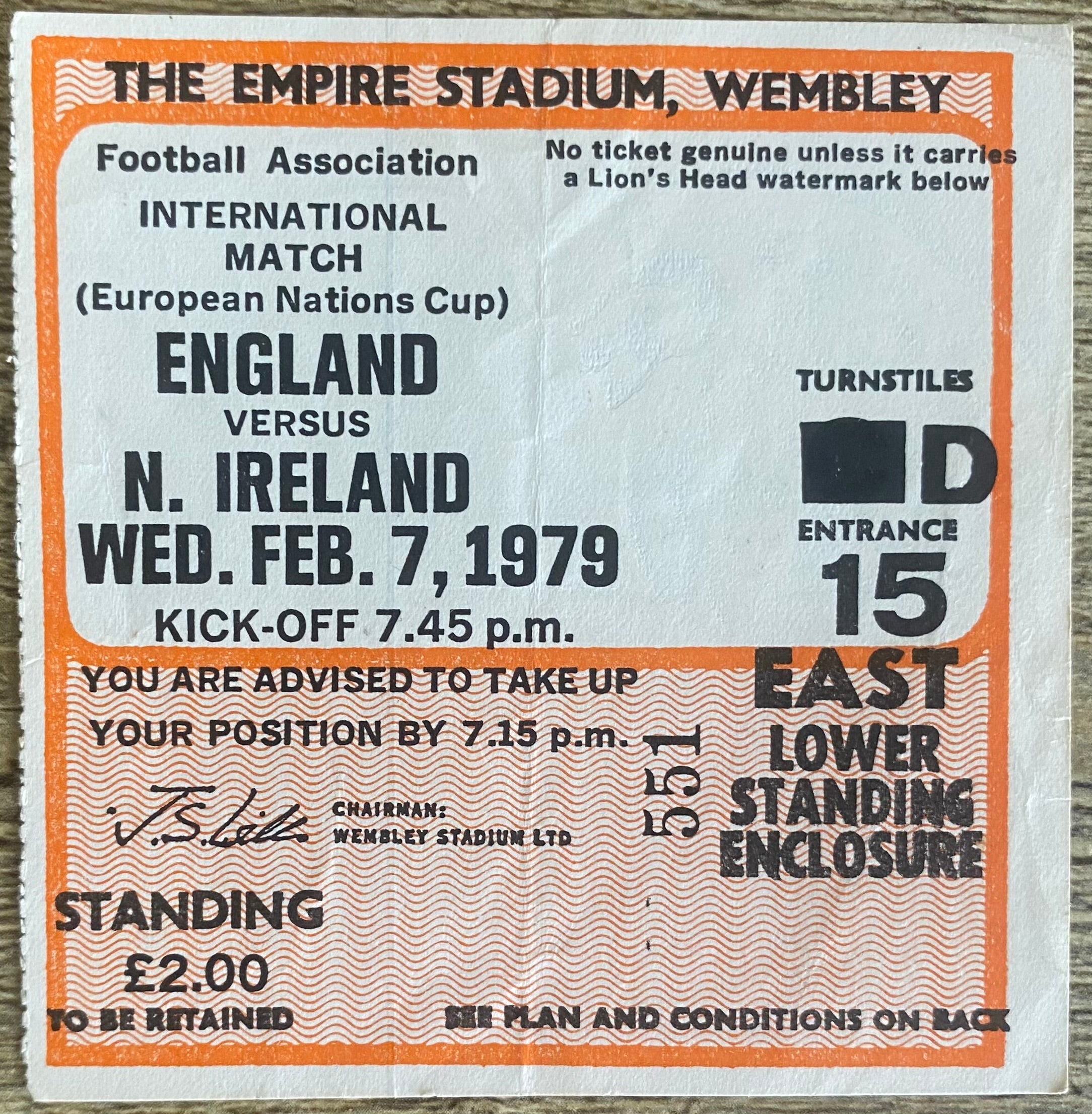 1979 ORIGINAL EUROPEAN CHAMPIONSHIPS QUALIFYING TICKET ENGLAND V NORTHERN IRELAND