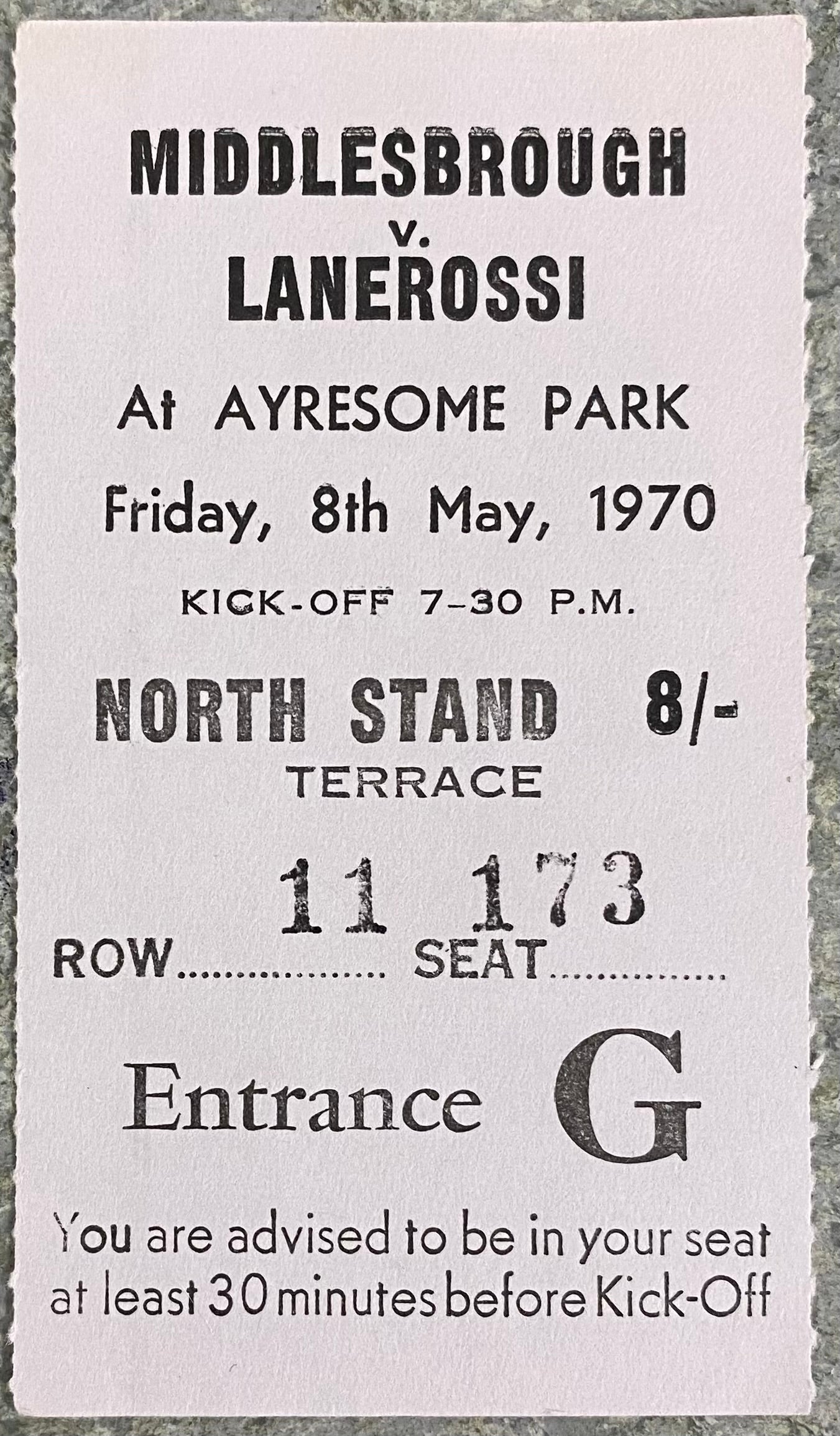 1969/70 ORIGINAL ANGLO ITALIAN CUP GROUP B TICKET MIDDLESBROUGH V LANEROSSI VICENZA