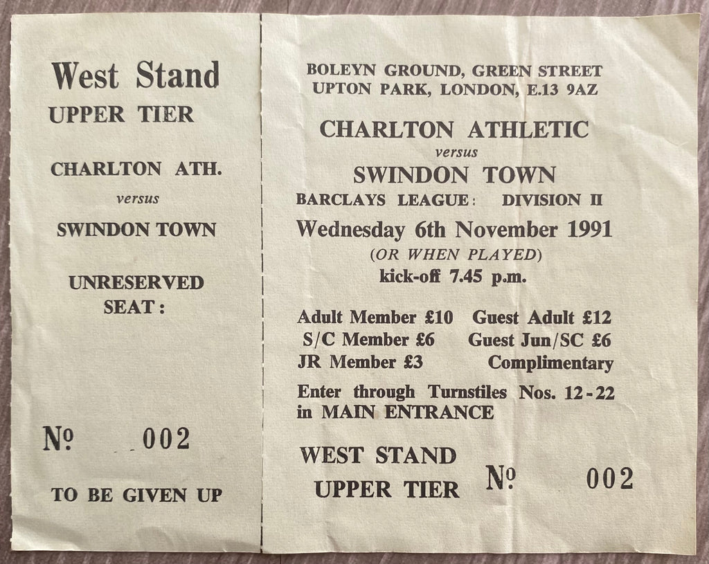 1991/92 ORIGINAL DIVISION 2 UNUSED TICKET CHARLTON ATHLETIC V SWINDON TOWN