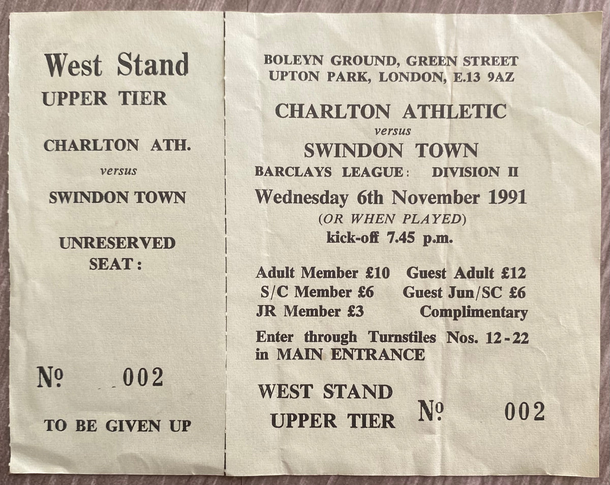 1991/92 ORIGINAL DIVISION 2 UNUSED TICKET CHARLTON ATHLETIC V SWINDON TOWN