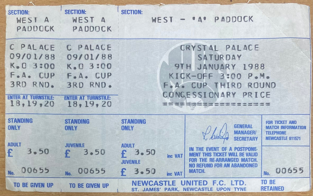 1987/88 ORIGINAL FA CUP 3RD ROUND UNUSED TICKET NEWCASTLE UNITED V CRYSTAL PALACE