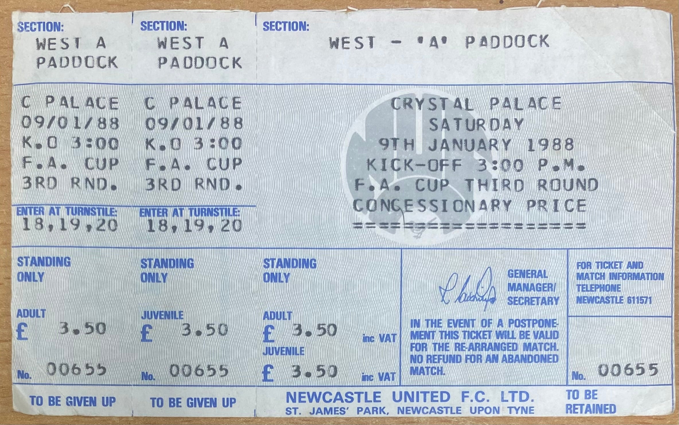 1987/88 ORIGINAL FA CUP 3RD ROUND UNUSED TICKET NEWCASTLE UNITED V CRYSTAL PALACE