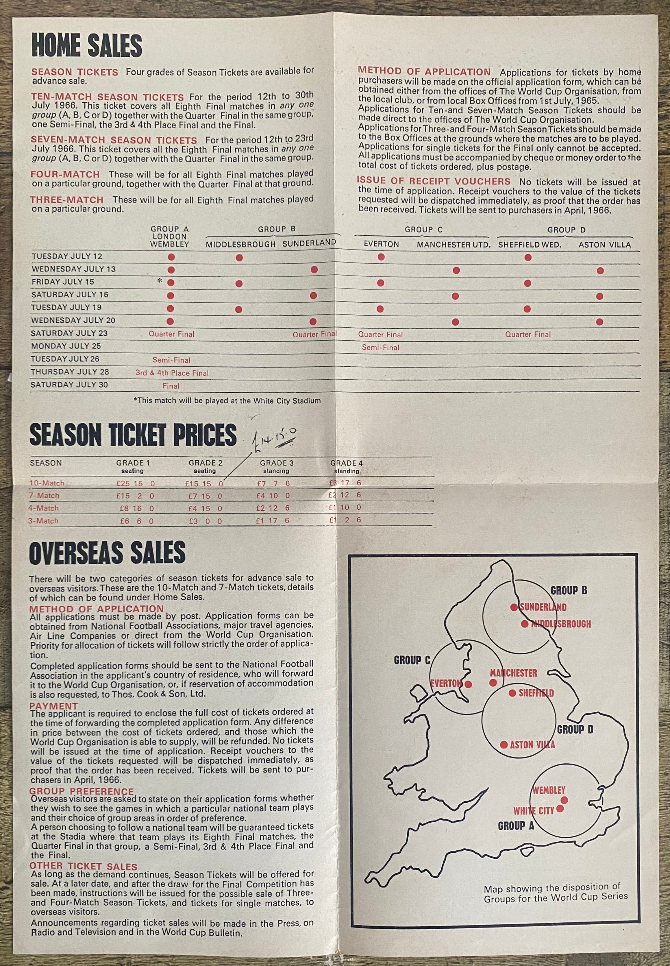 1966 WORLD CUP ORIGINAL OFFICIAL TICKET INFORMATION FOLD OUT BOOKLET