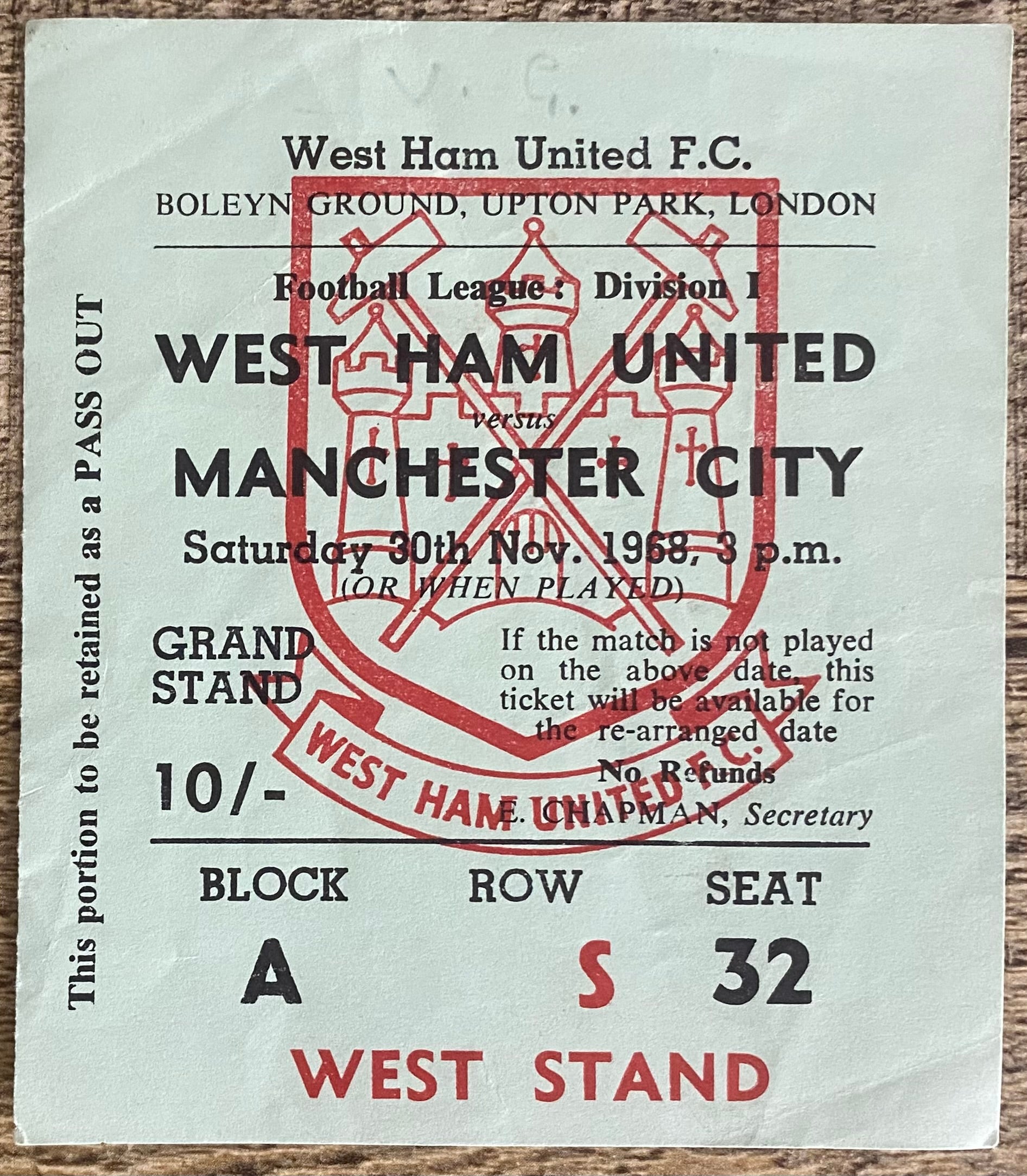 1968/69 ORIGINAL DIVISION 1 TICKET WEST HAM UNITED V MANCHESTER CITY