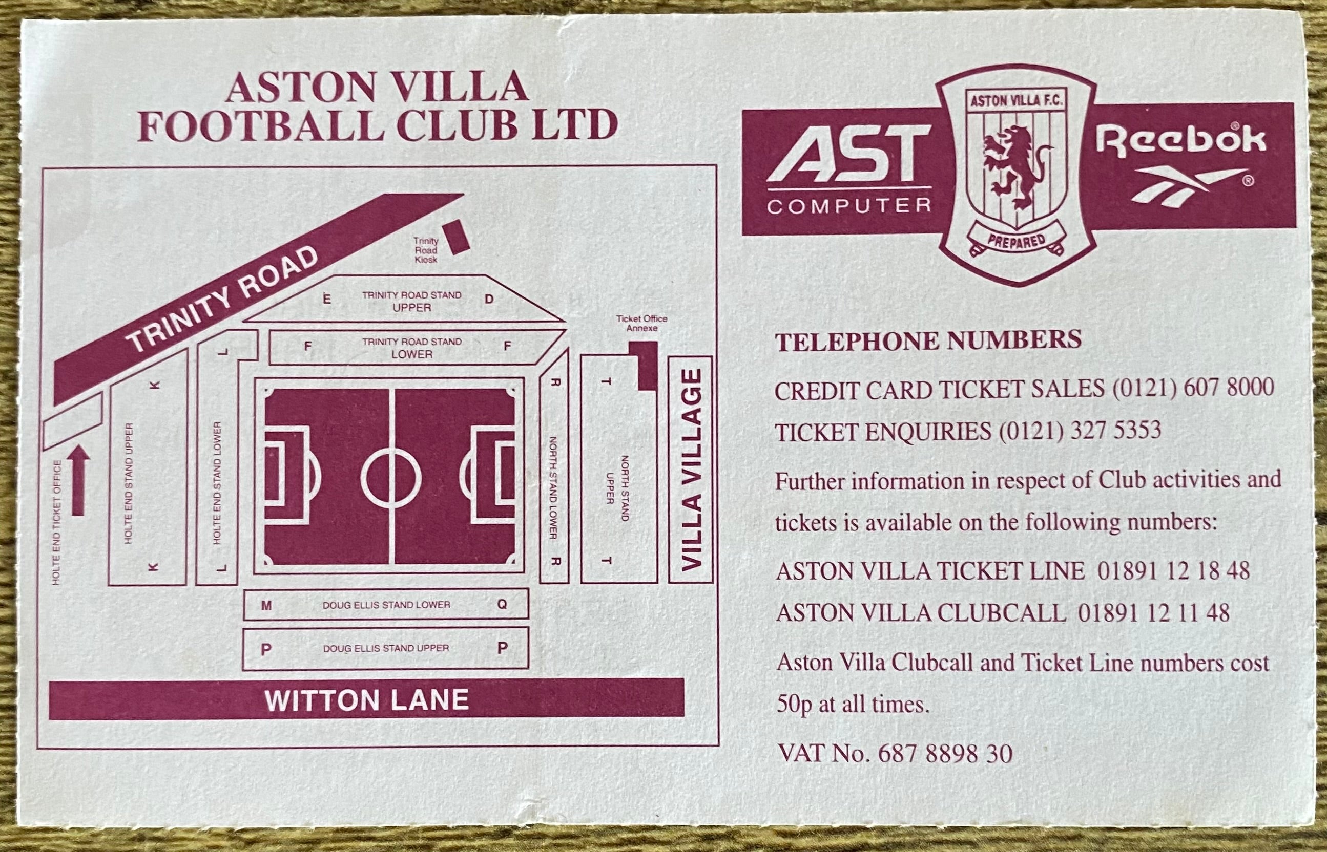 1997/98 ORIGINAL UEFA CUP QUARTER FINAL 2ND LEG TICKET ASTON VILLA V ATLETICO MADRID