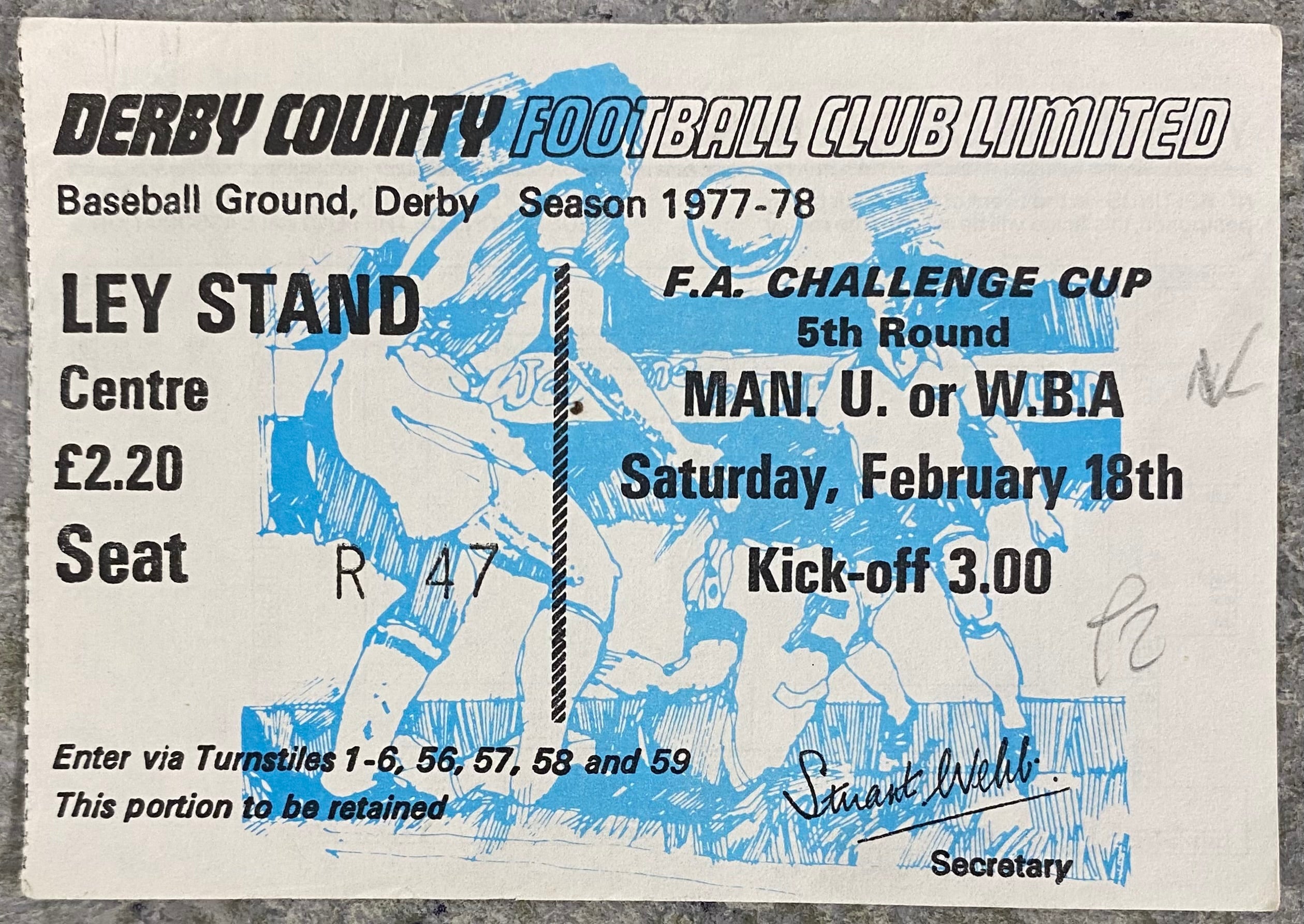 1977/78 ORIGINAL FA CUP 5TH ROUND TICKET DERBY COUNTY V WEST BROMWICH ALBION