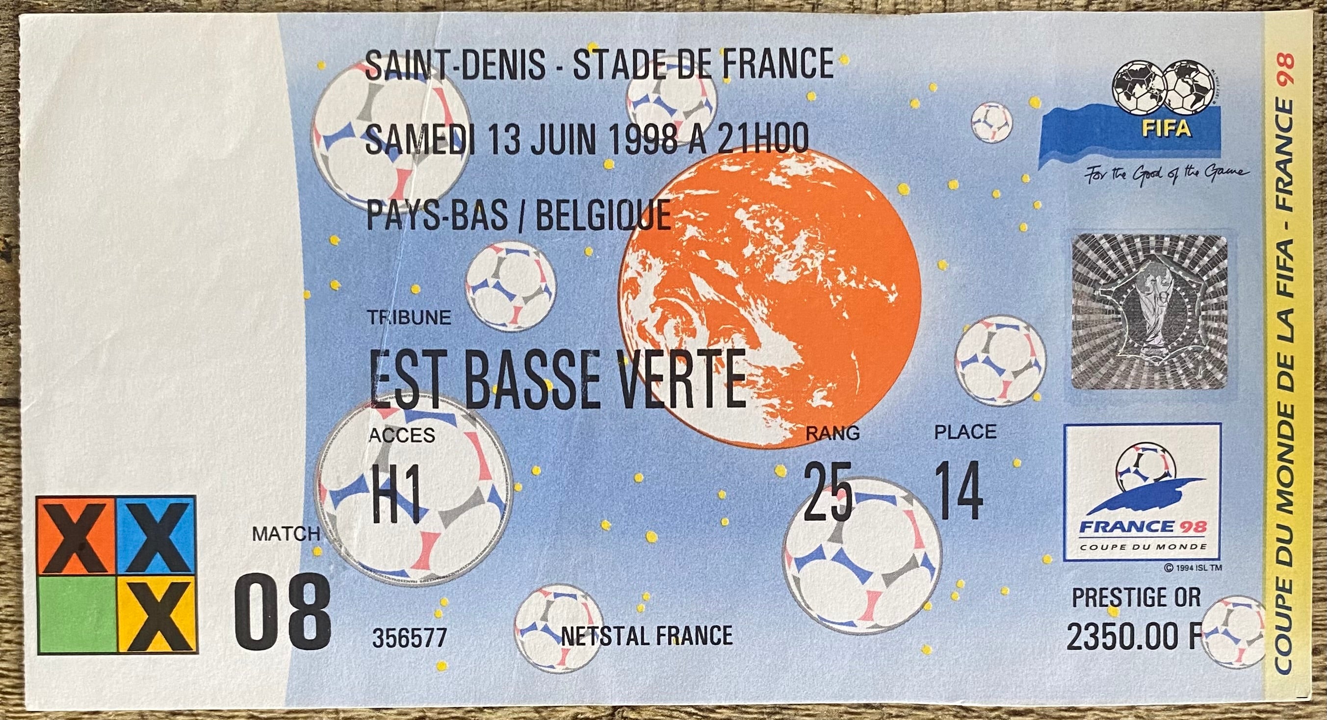 1998 ORIGINAL WORLD CUP 1ST ROUND TICKET NETHERLANDS V BELGIUM @ PARIS
