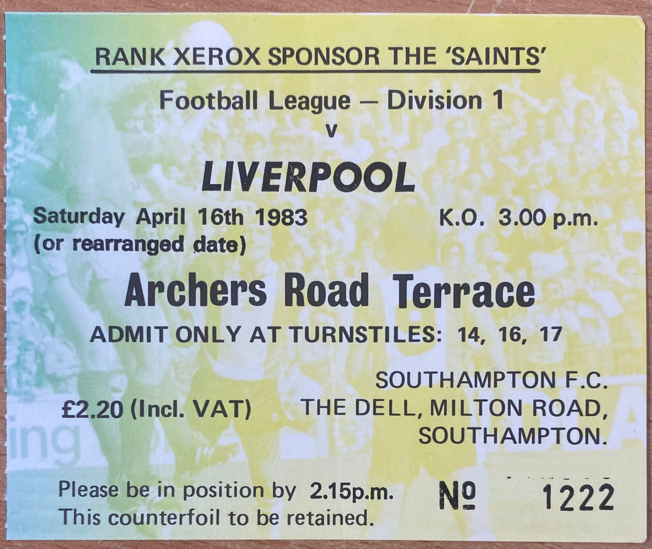 1982/83 ORIGINAL DIVISION ONE TICKET SOUTHAMPTON V LIVERPOOL