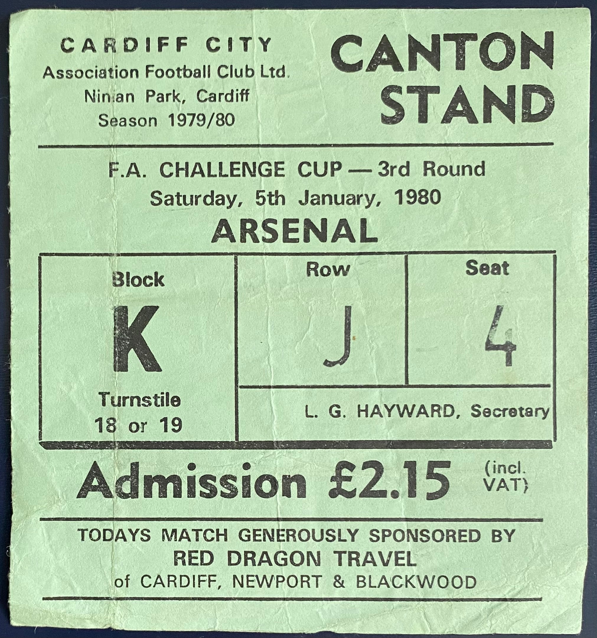 1979/80 ORIGINAL FA CUP 3RD ROUND TICKET CARDIFF CITY V ARSENAL
