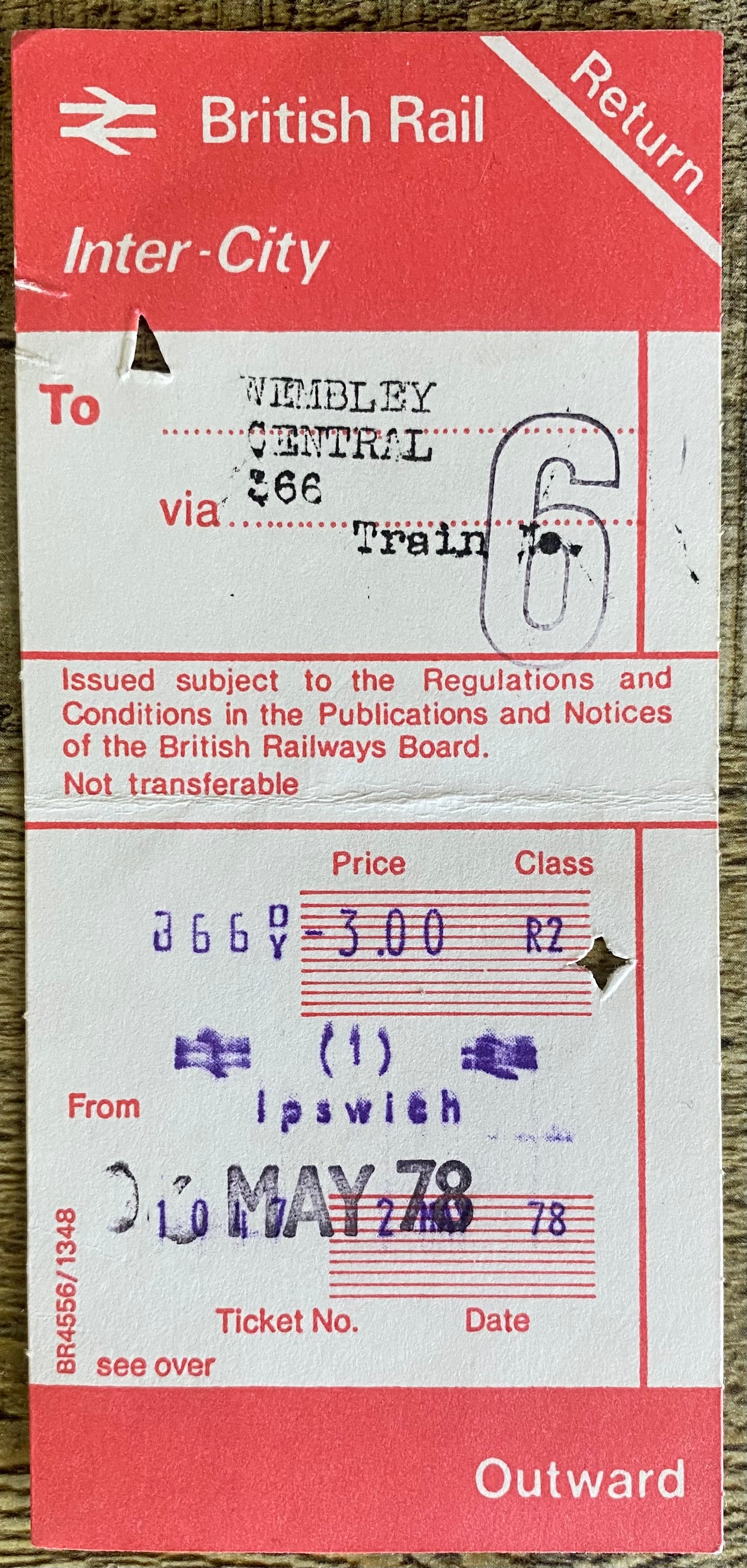 1978 ORIGINAL FOOTBALL SPECIAL BRITISH RAIL TRAIN TICKET IPSWICH TRAVELLING TO FA CUP FINAL