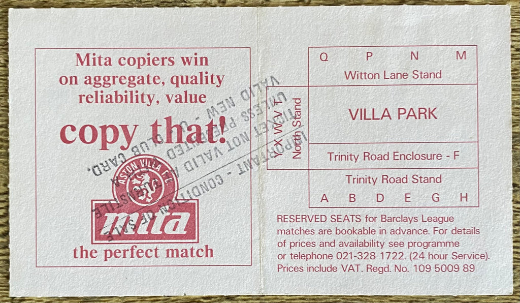 1987/88 ORIGINAL DIVISION TWO TICKET ASTON VILLA V LEEDS UNITED