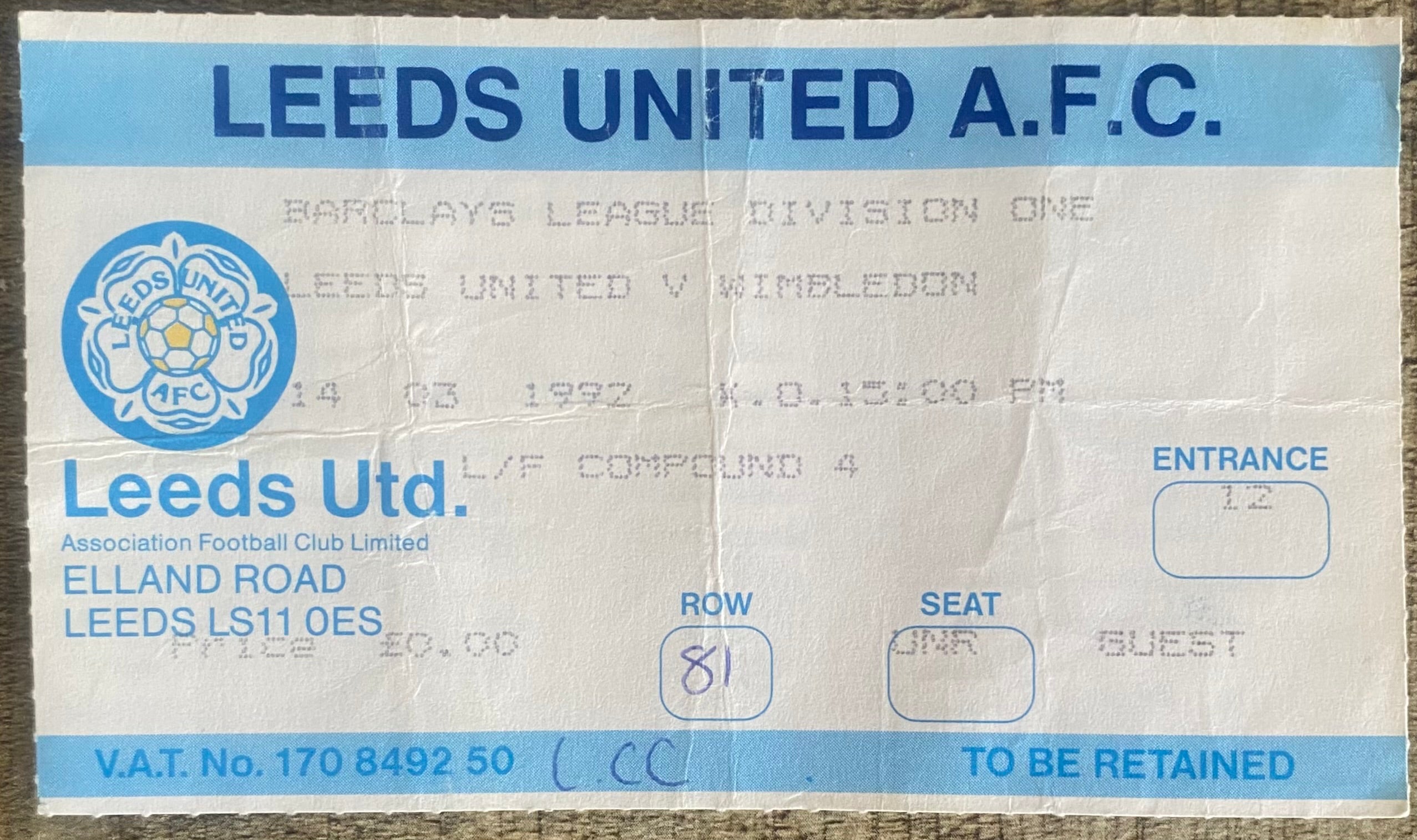 1991/92 ORIGINAL DIVISION 1 TICKET LEEDS UNITED V WIMBLEDON
