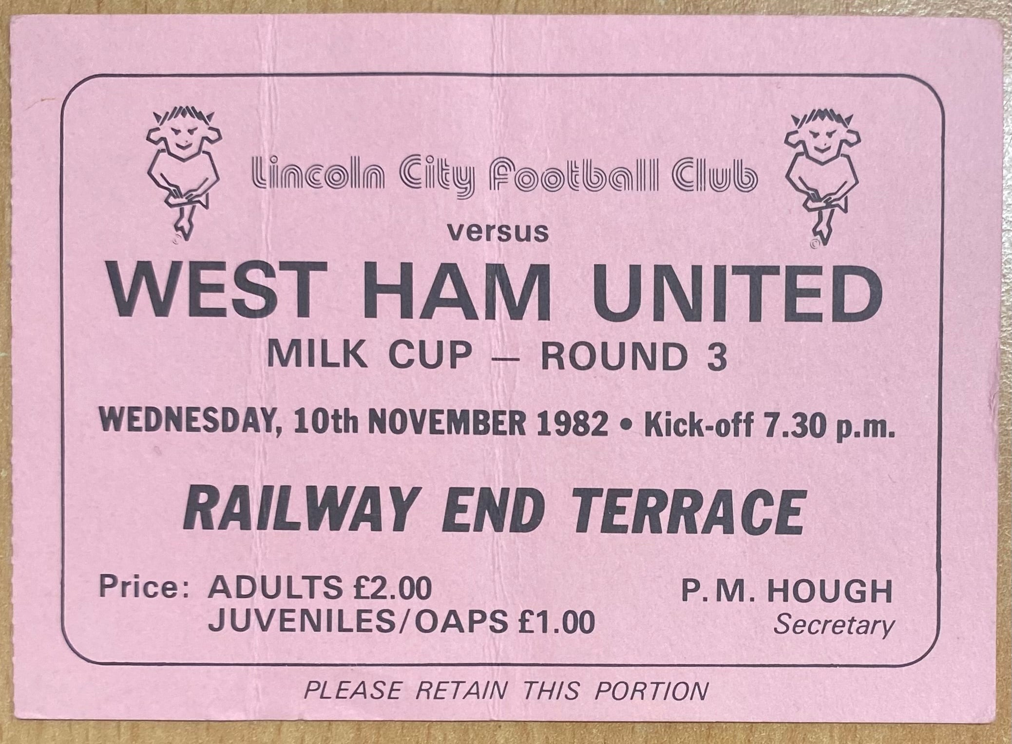 1982/83 ORIGINAL MILK CUP 3RD ROUND TICKET LINCOLN CITY V WEST HAM UNITED