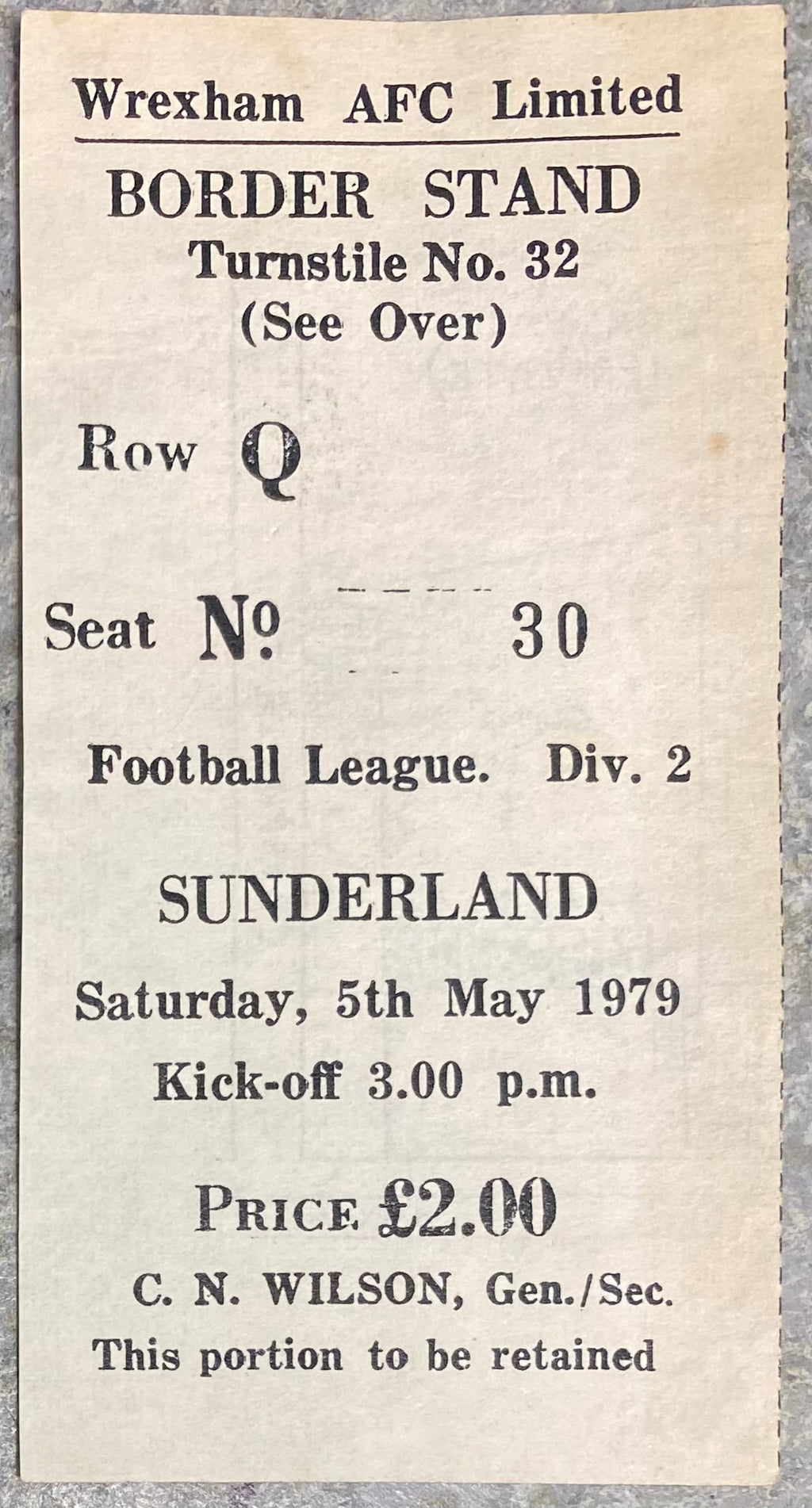 1978/79 ORIGINAL DIVISION 2 TICKET WREXHAM V SUNDERLAND