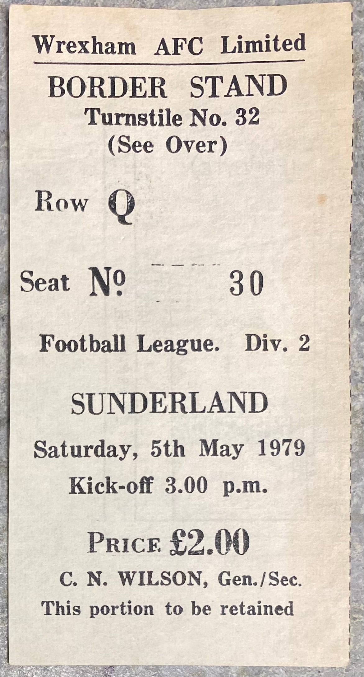 1978/79 ORIGINAL DIVISION 2 TICKET WREXHAM V SUNDERLAND