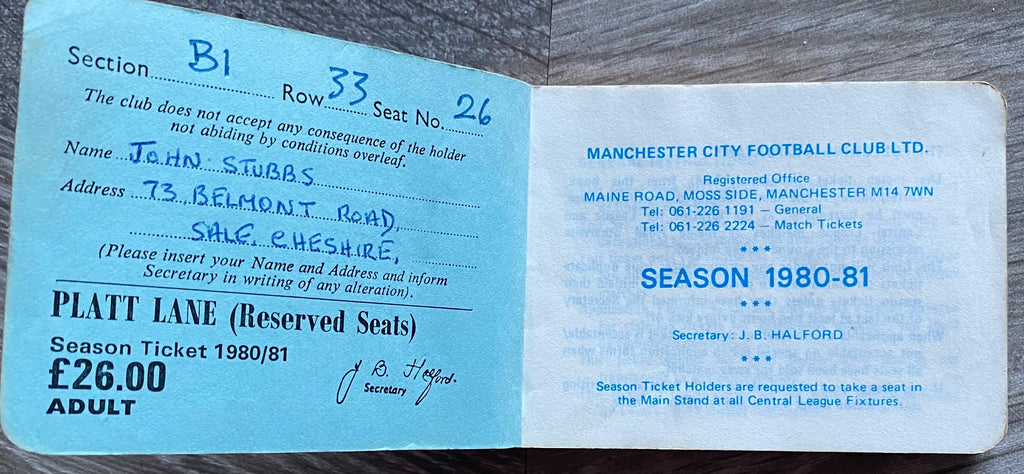 1980/81 MANCHESTER CITY ORIGINAL SEASON TICKET