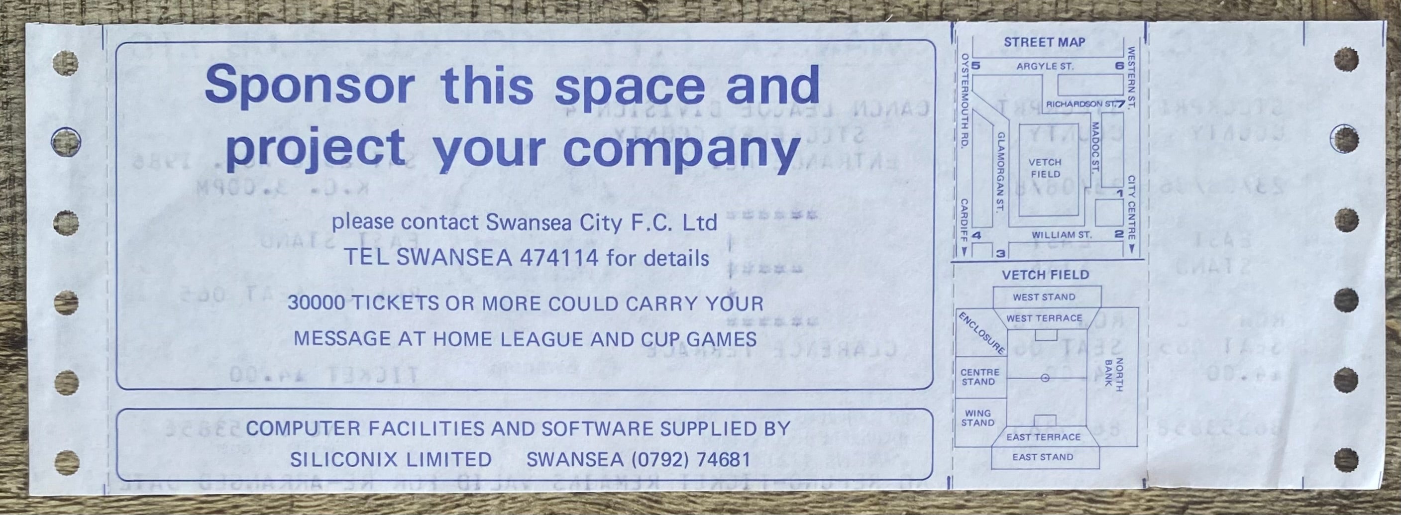 1986/87 ORIGINAL DIVISION 4 UNUSED TICKET SWANSEA CITY V STOCKPORT COUNTY