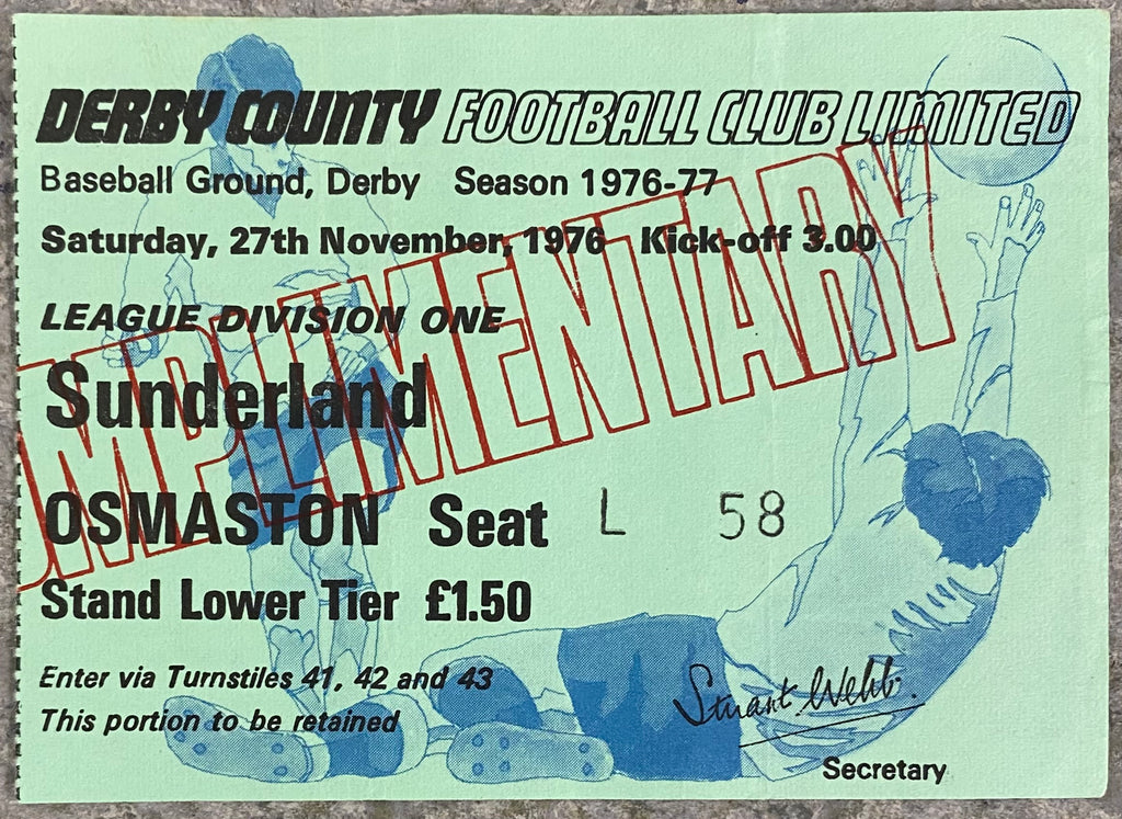 1976/77 ORIGINAL DIVISION 1 TICKET DERBY COUNTY V SUNDERLAND