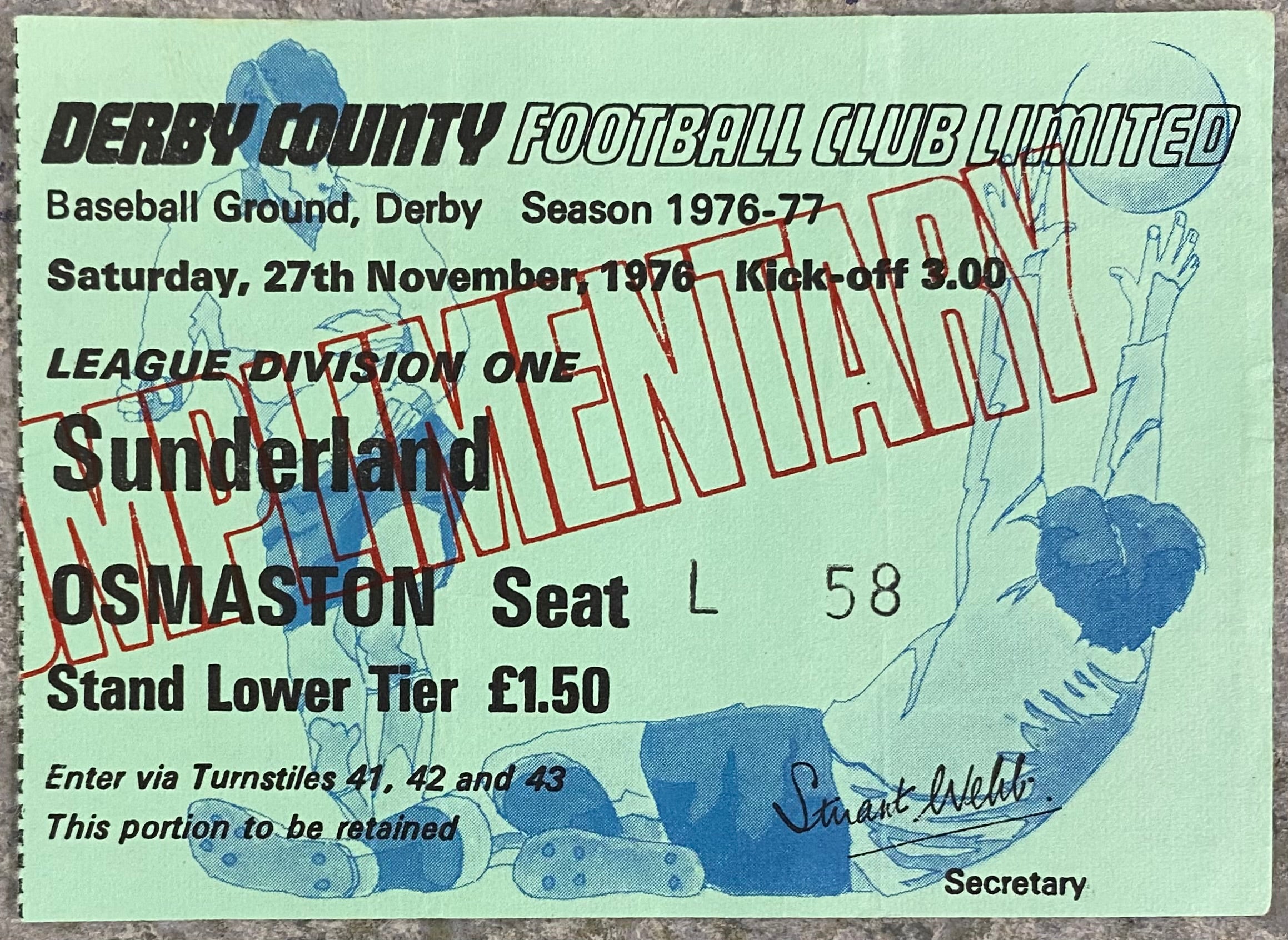 1976/77 ORIGINAL DIVISION 1 TICKET DERBY COUNTY V SUNDERLAND
