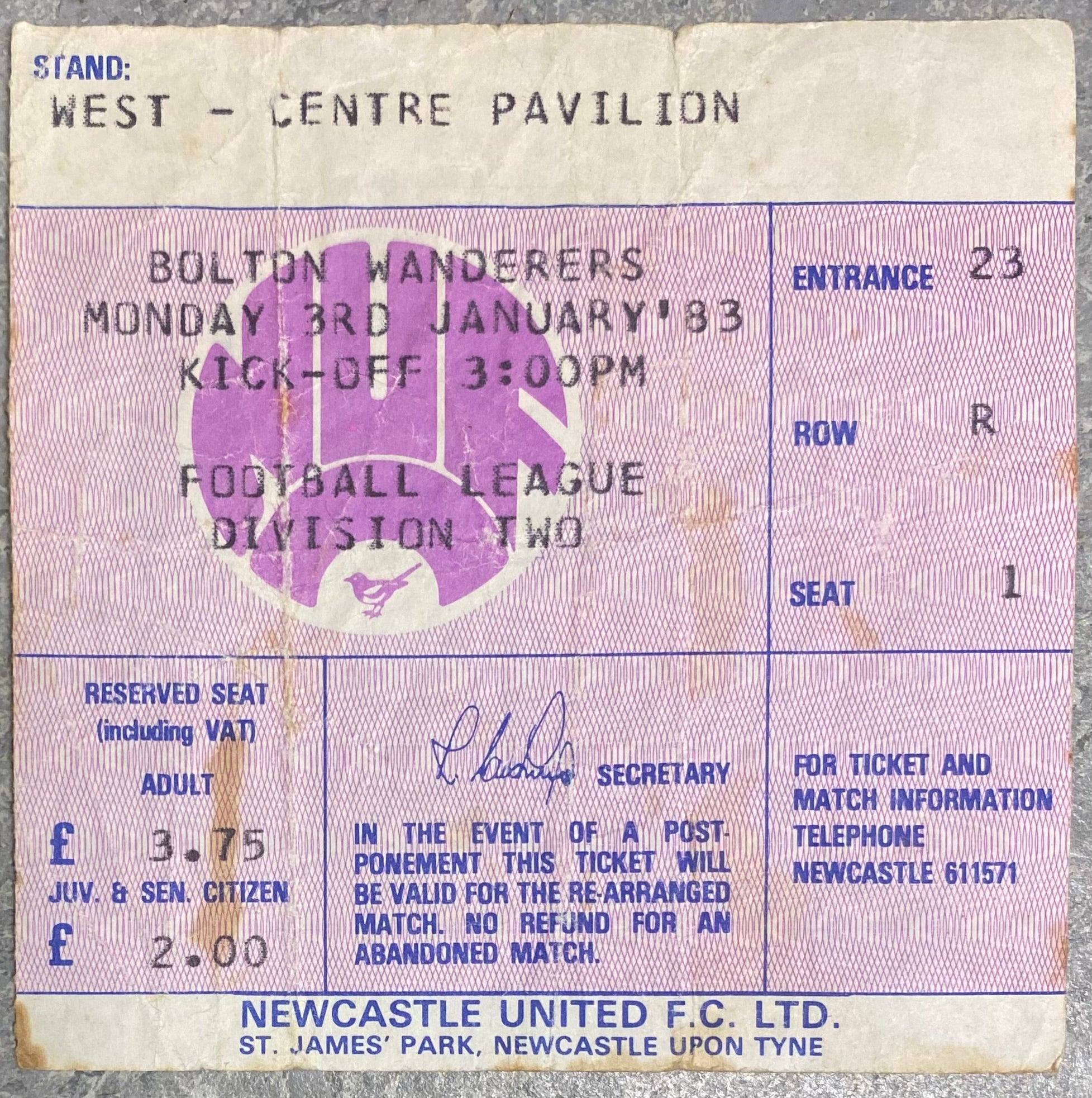1982/83 ORIGINAL DIVISION TWO TICKET NEWCASTLE UNITED V BOLTON WANDERERS