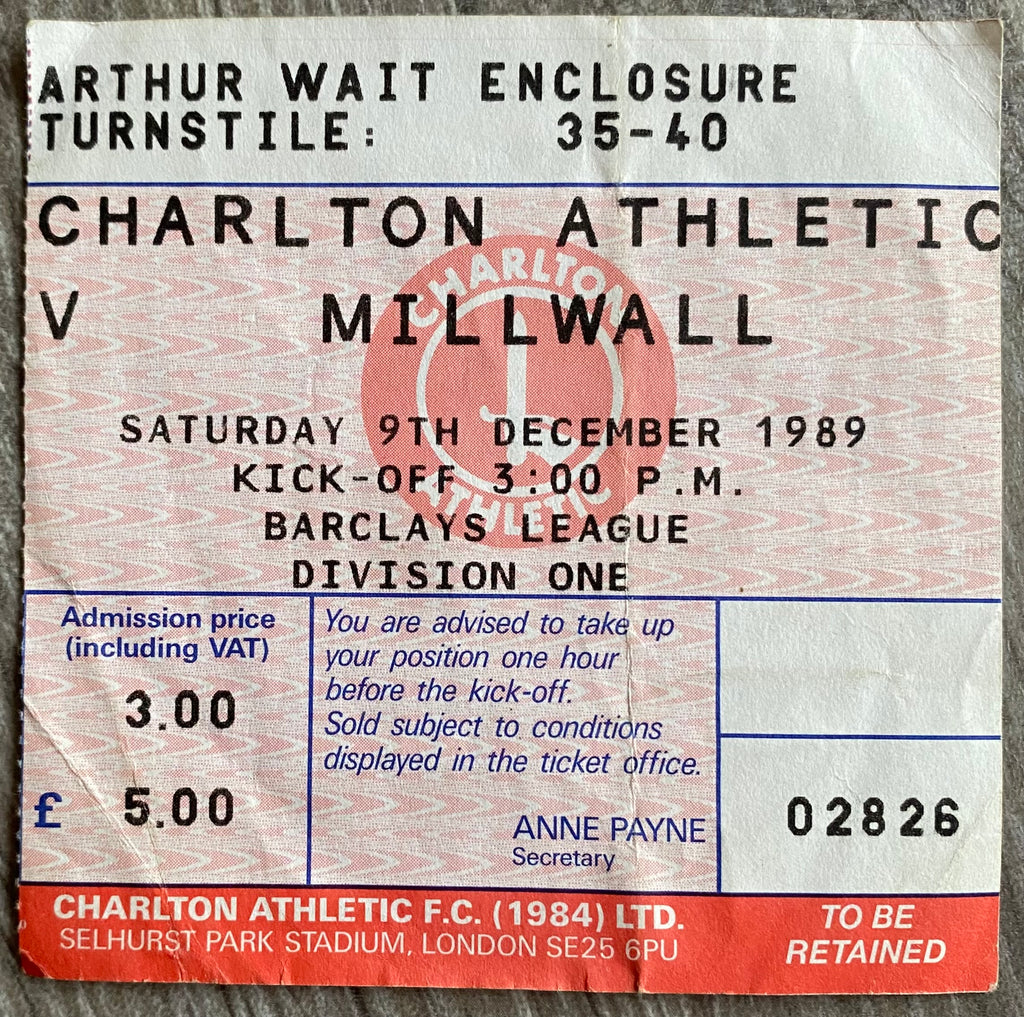 1989/90 ORIGINAL DIVISION ONE TICKET CHARLTON ATHLETIC V MILLWALL