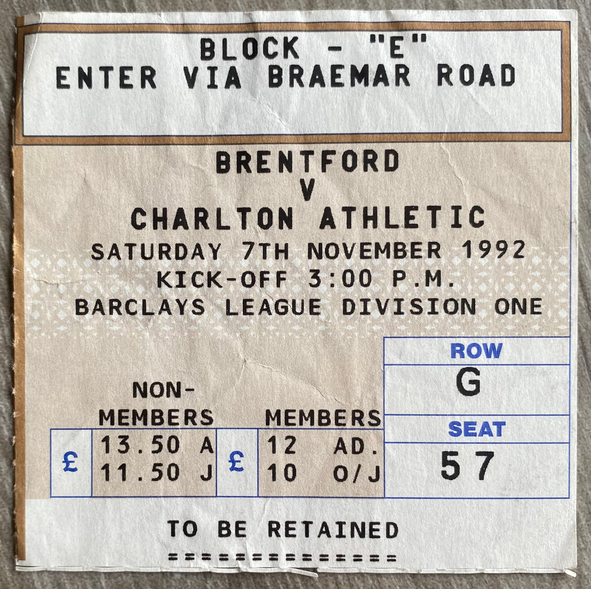 1992/93 ORIGINAL DIVISION 1 TICKET BRENTFORD V CHARLTON ATHLETIC
