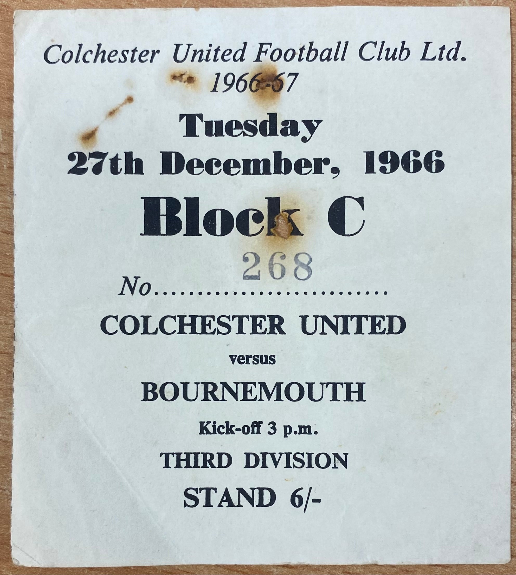 1966/67 ORIGINAL DIVISION 3 TICKET COLCHESTER UNITED V BOURNEMOUTH