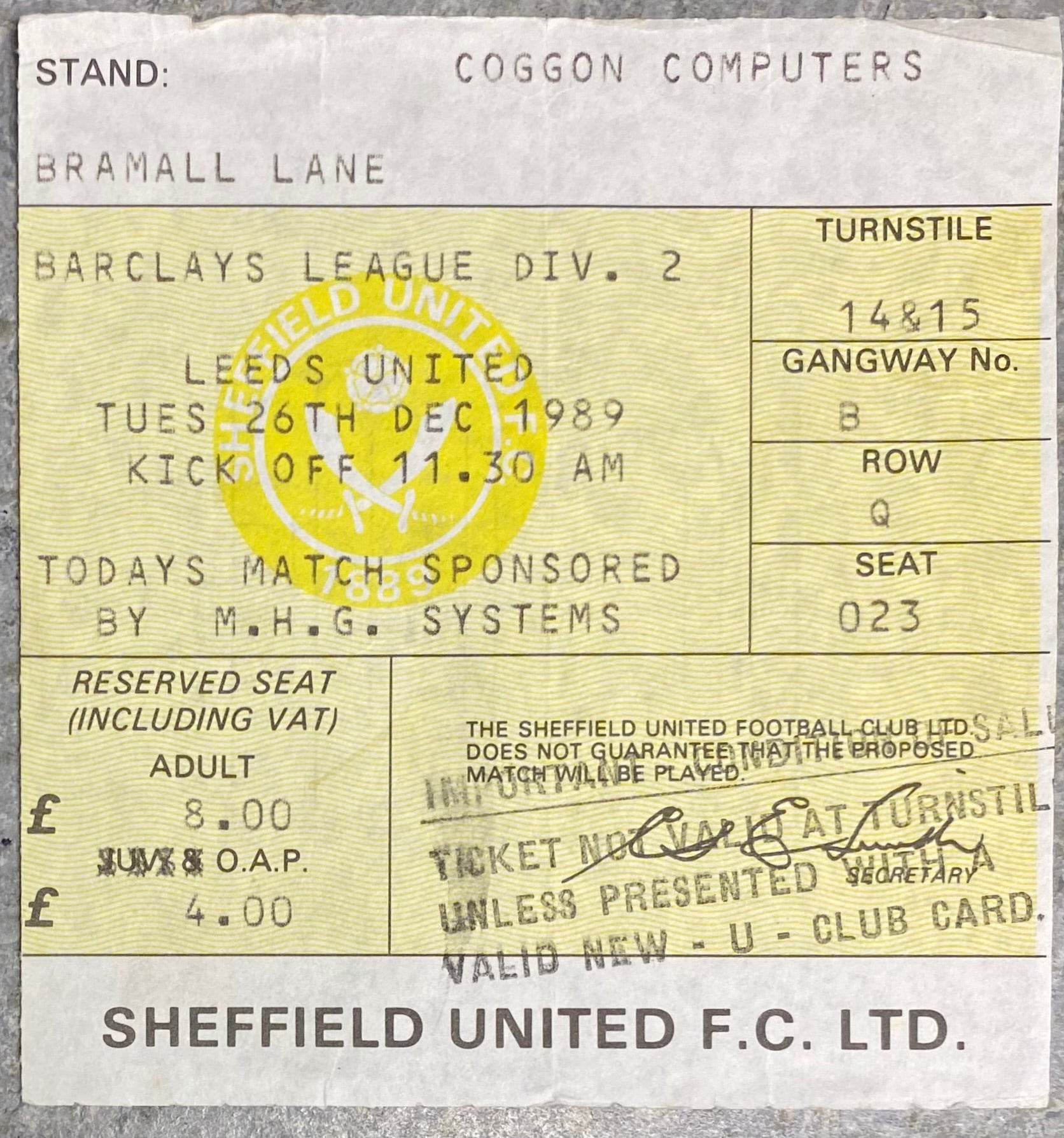 1989/90 ORIGINAL DIVISION TWO TICKET SHEFFIELD UNITED V LEEDS UNITED